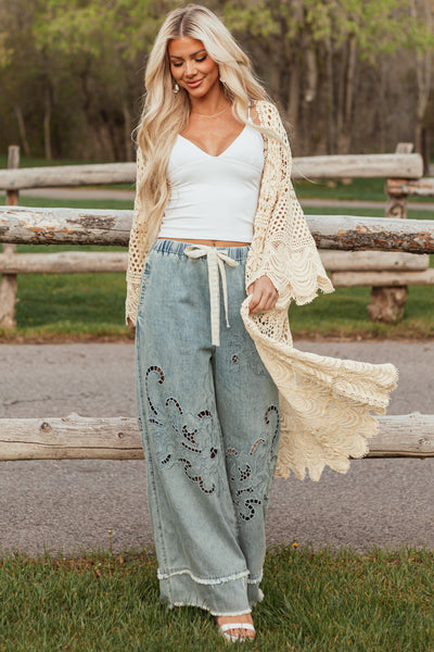 POL Medium Wash Open Embroidered Wide Leg Pants