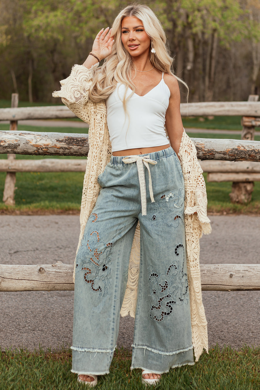 POL Medium Wash Open Embroidered Wide Leg Pants