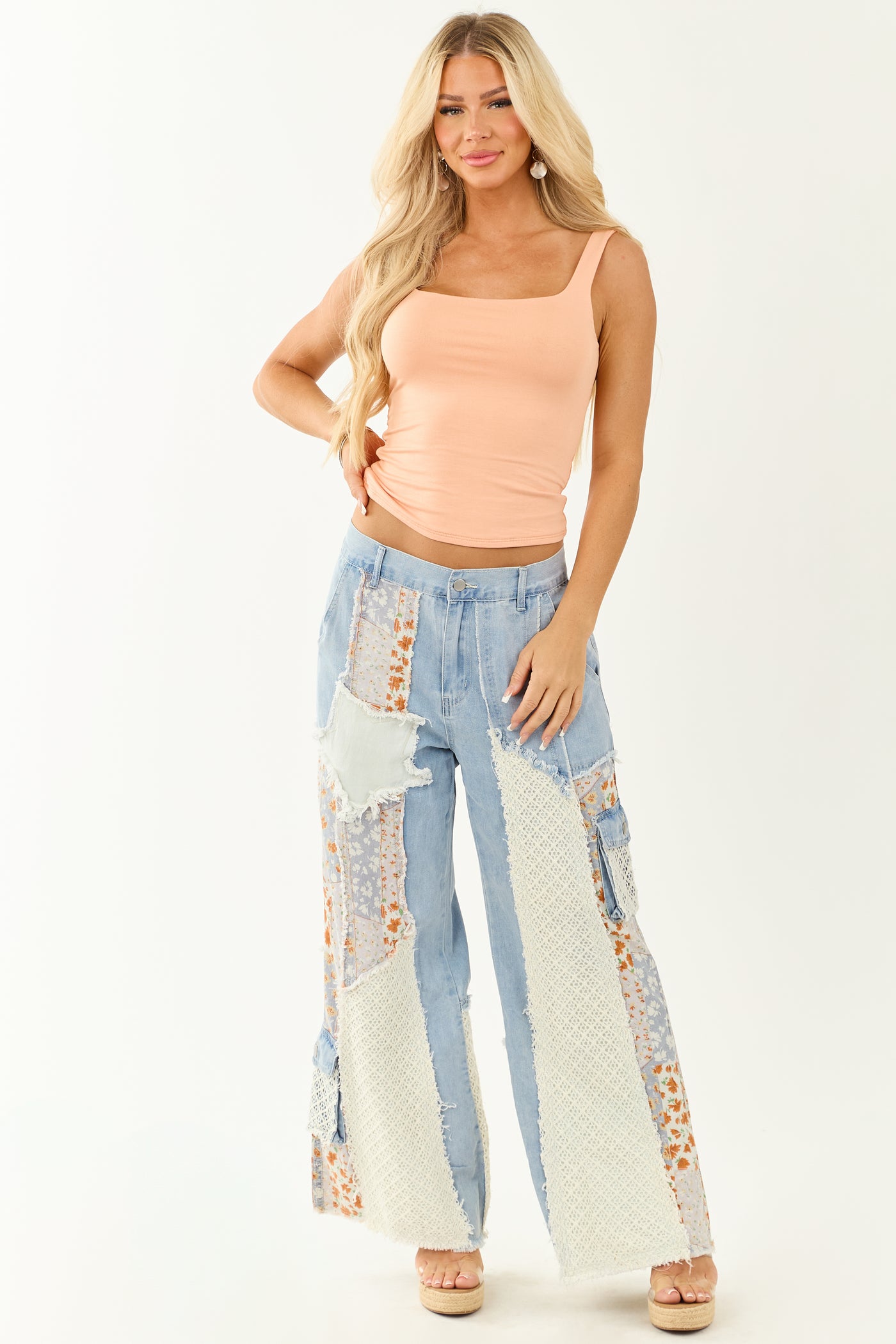 POL Medium Wash Patchwork Wide Leg Cargo Pants