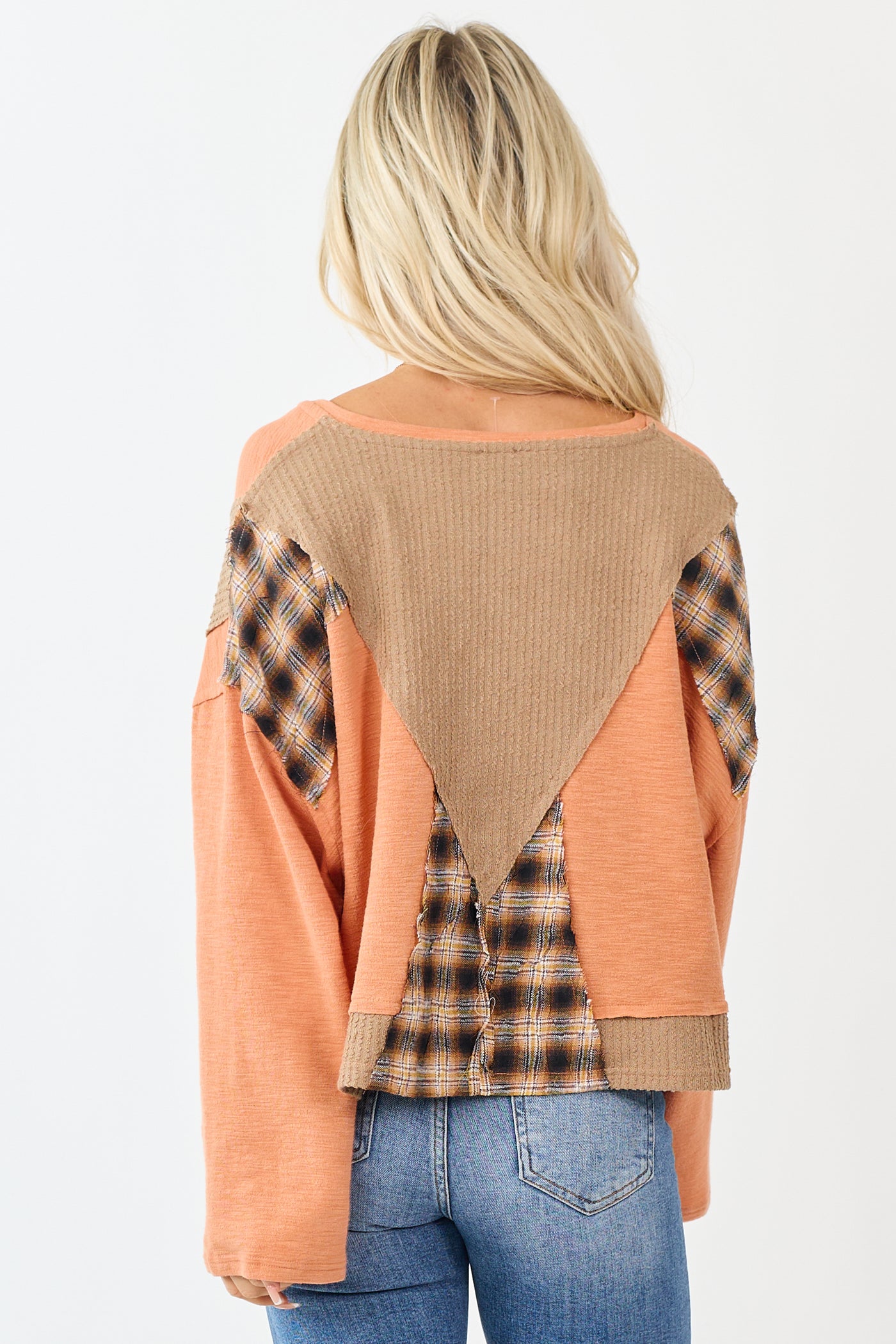 POL Melon Plaid Patchwork Long Sleeve Top