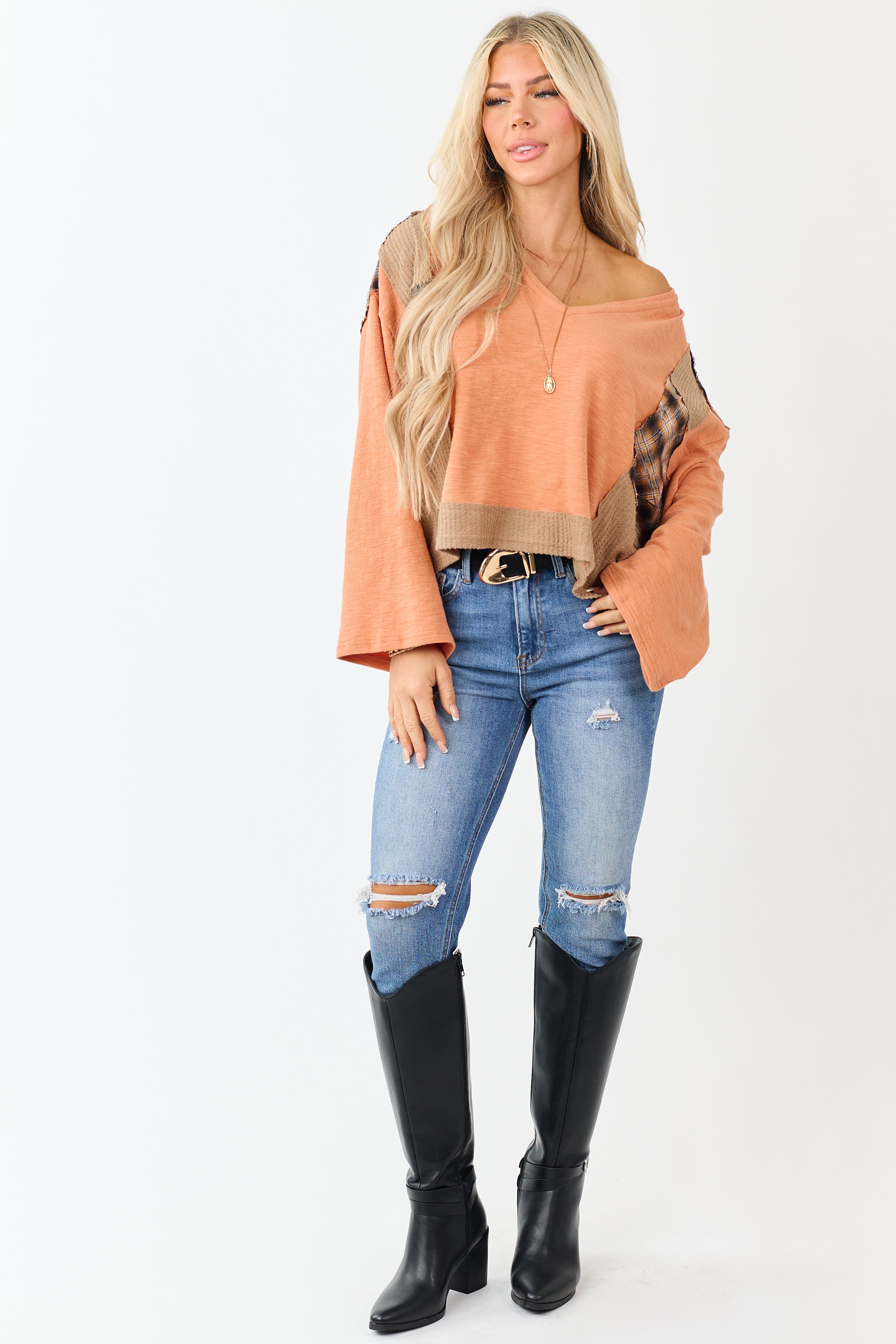 POL Melon Plaid Patchwork Long Sleeve Top