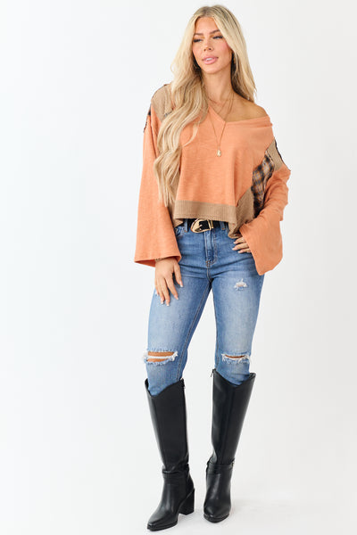 POL Melon Plaid Patchwork Long Sleeve Top