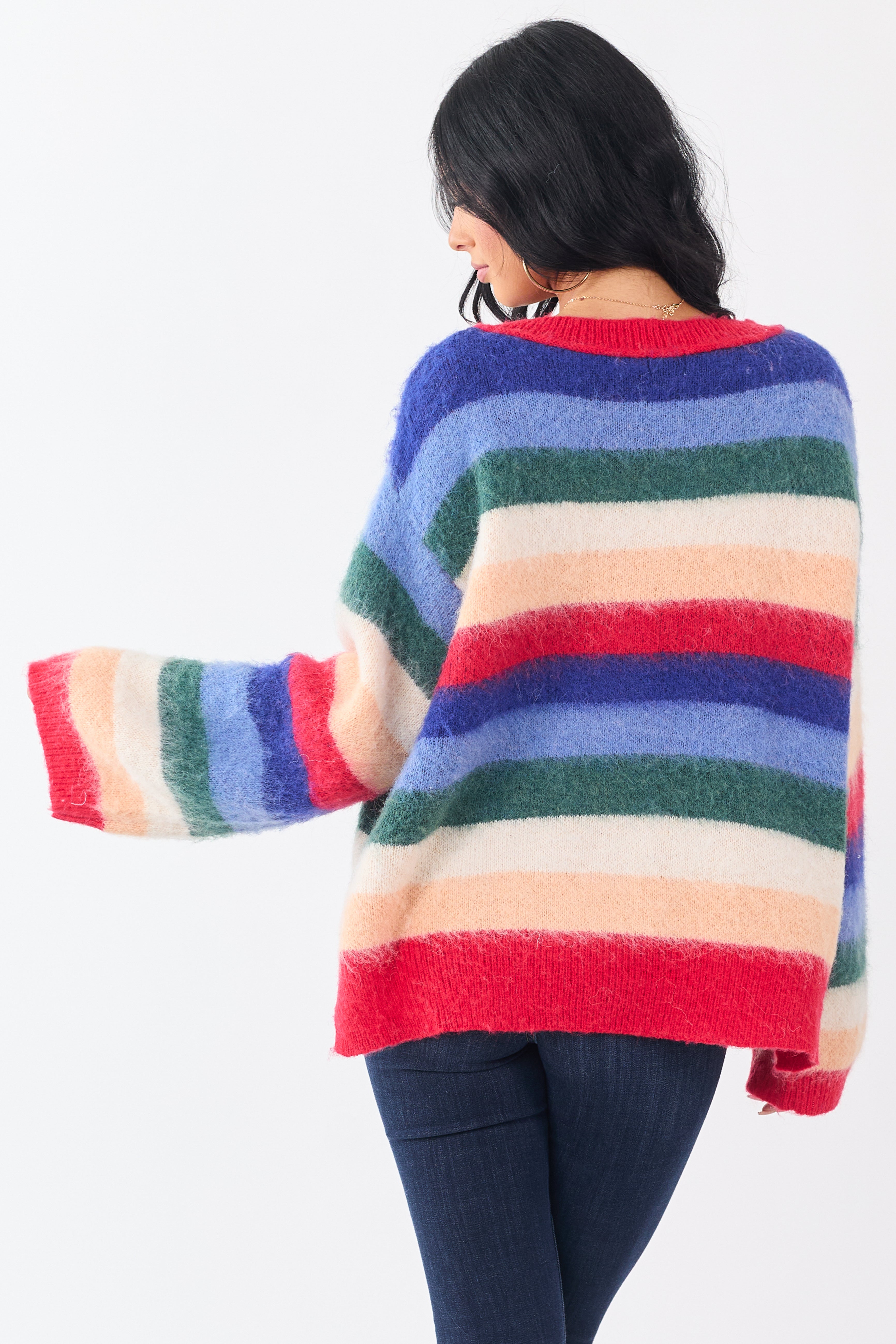 POL Multicolor Striped Long Sleeve V Neck Sweater