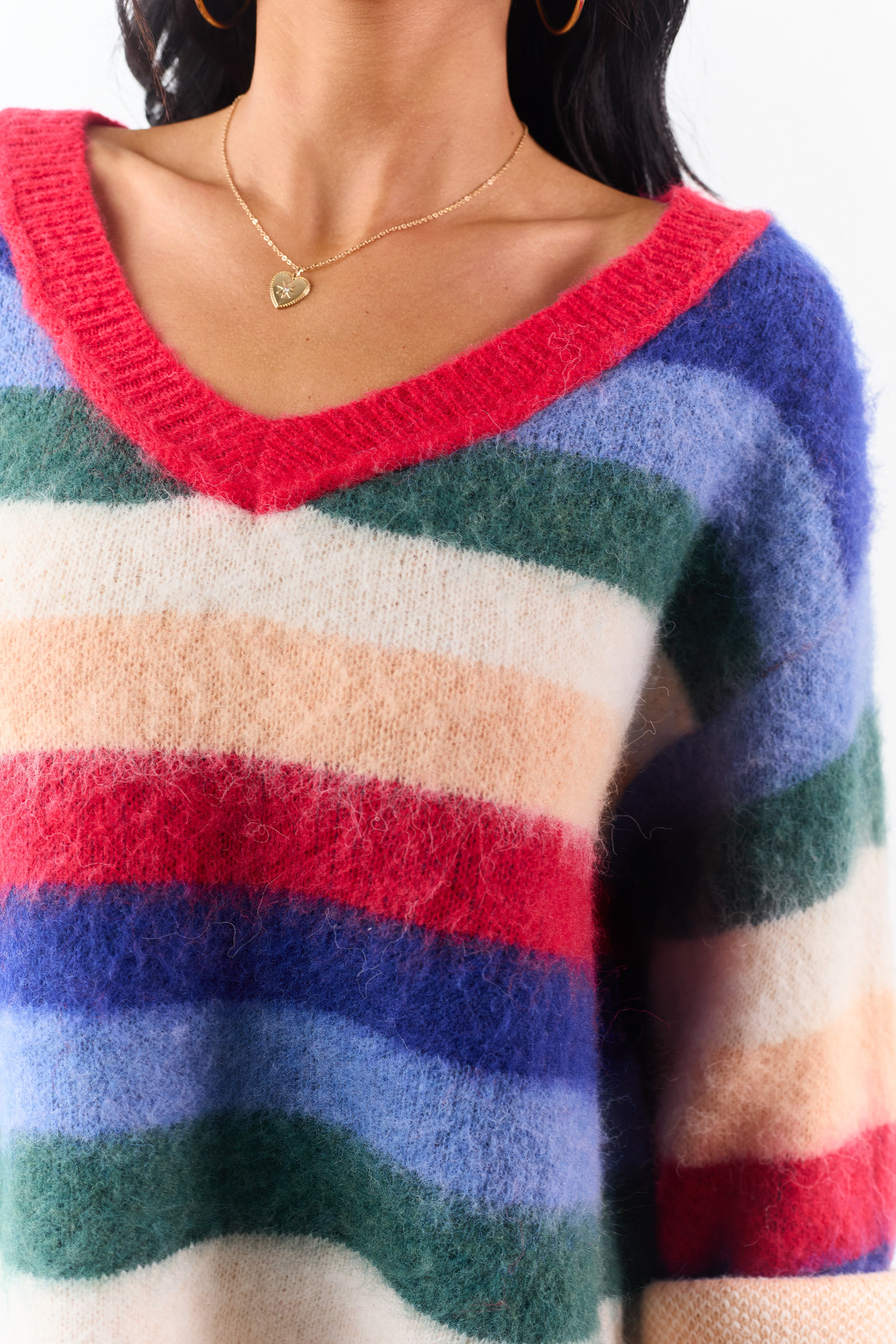 POL Multicolor Striped Long Sleeve V Neck Sweater