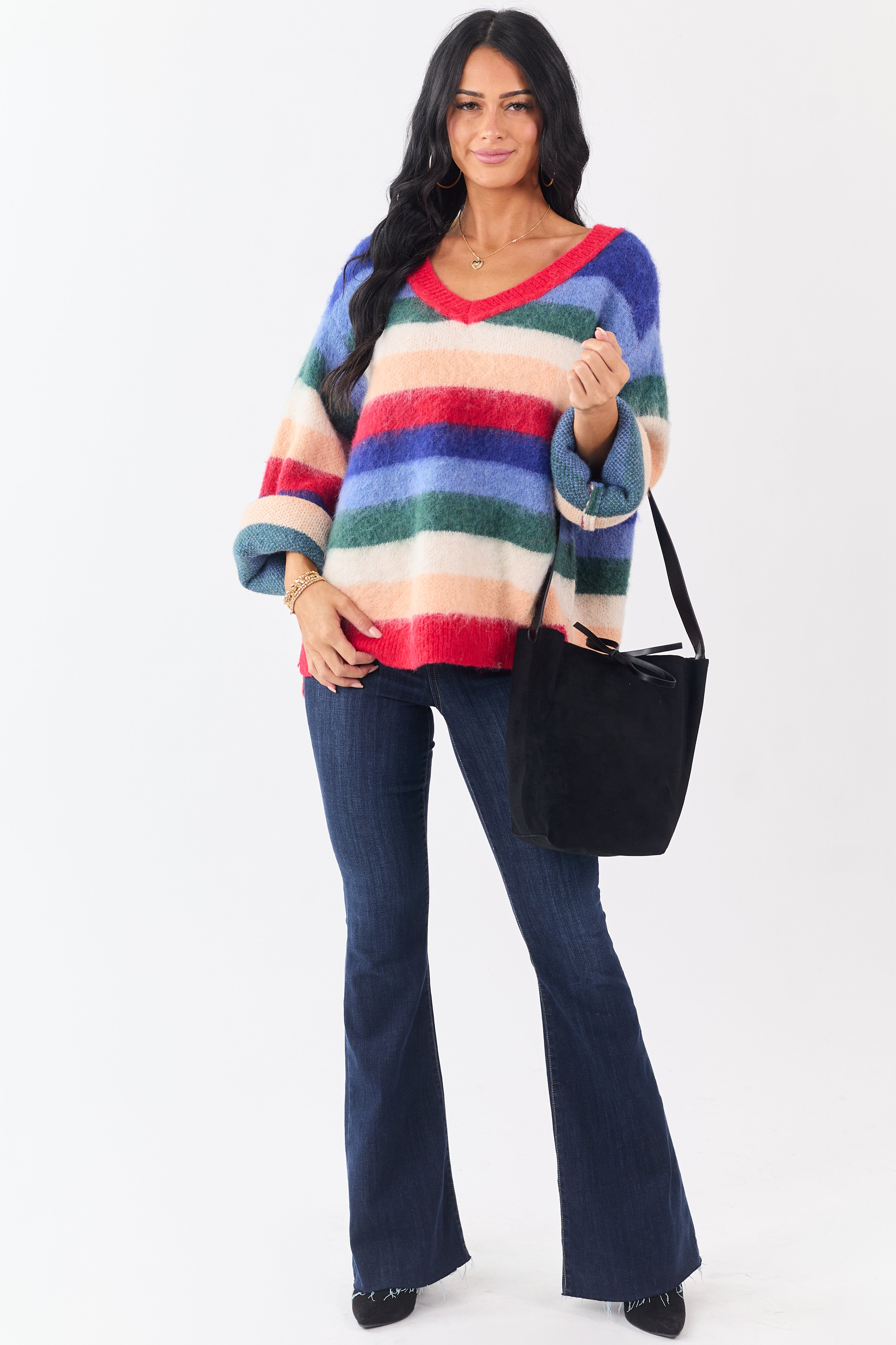 POL Multicolor Striped Long Sleeve V Neck Sweater