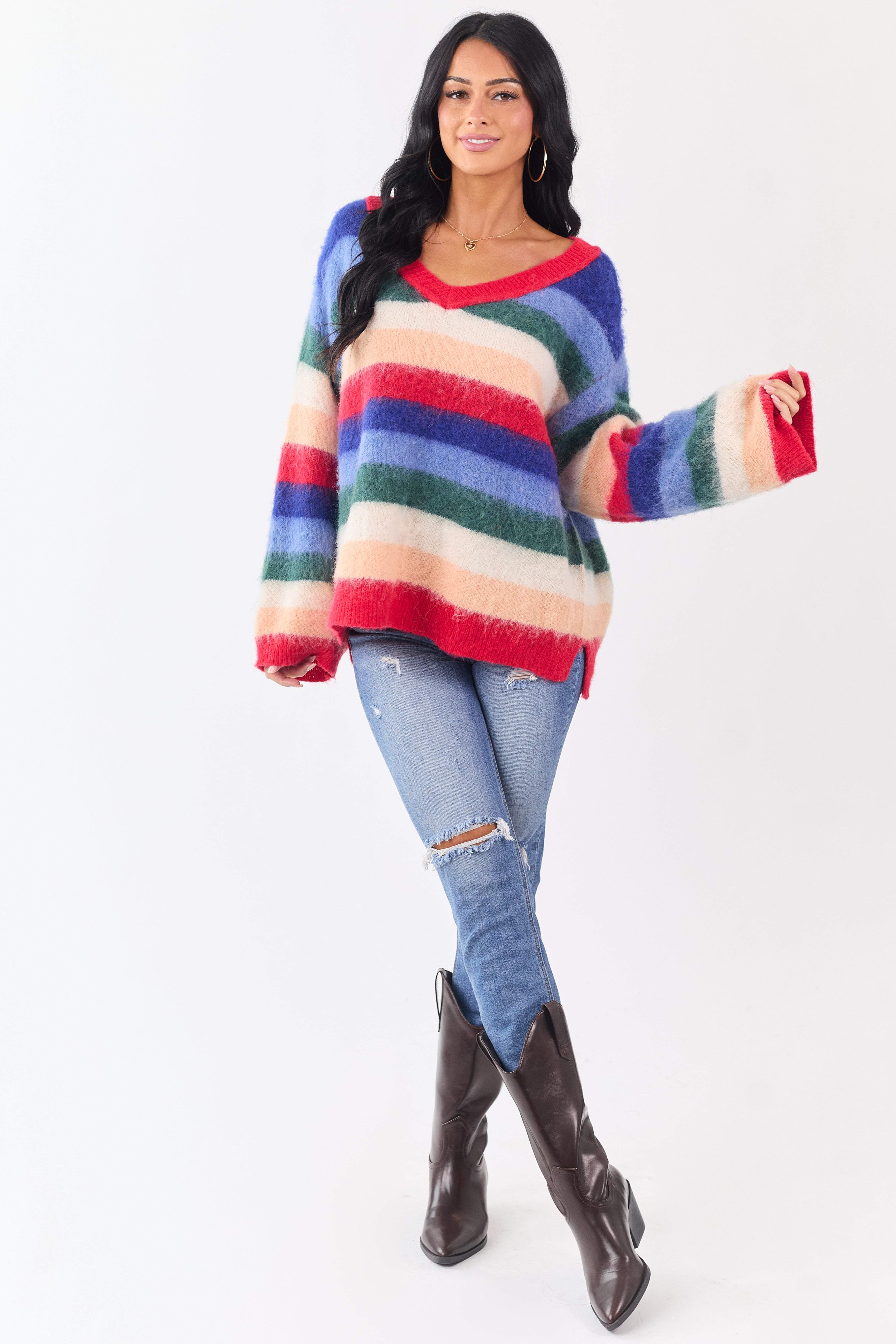 POL Multicolor Striped Long Sleeve V Neck Sweater