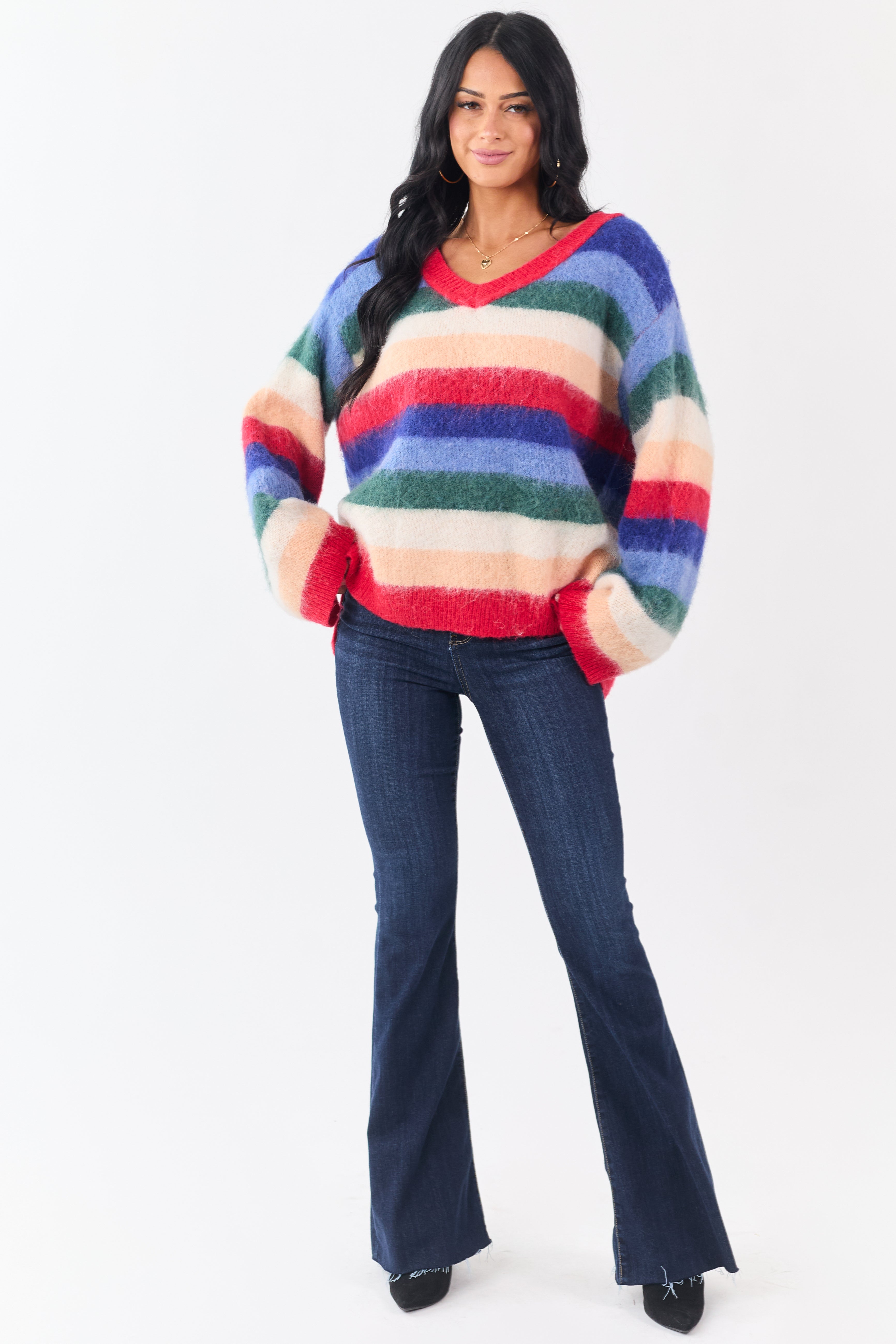 POL Multicolor Striped Long Sleeve V Neck Sweater