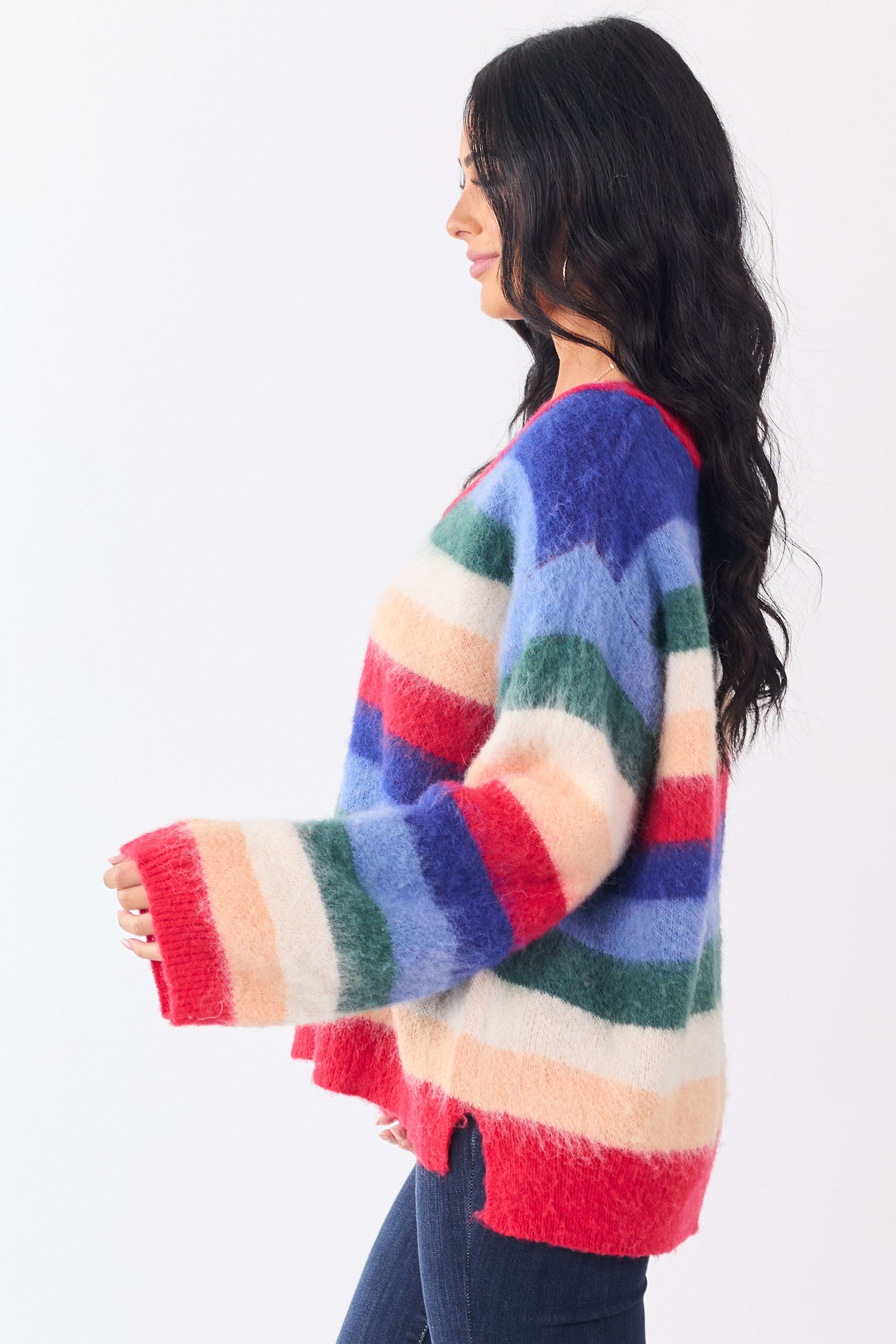 POL Multicolor Striped Long Sleeve V Neck Sweater