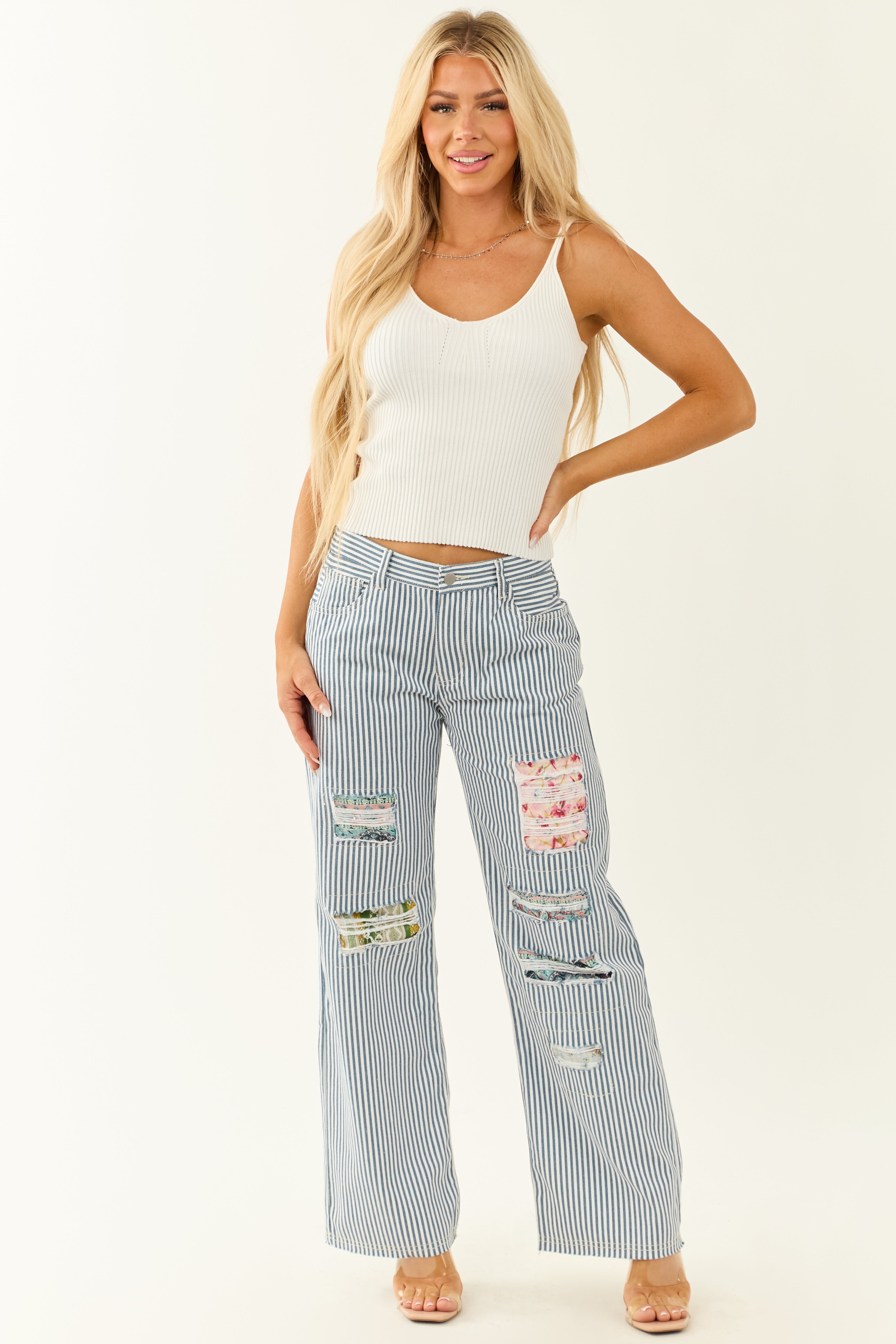 POL Ocean Railroad Stripe Patchwork Straight Leg Pants | Lime Lush