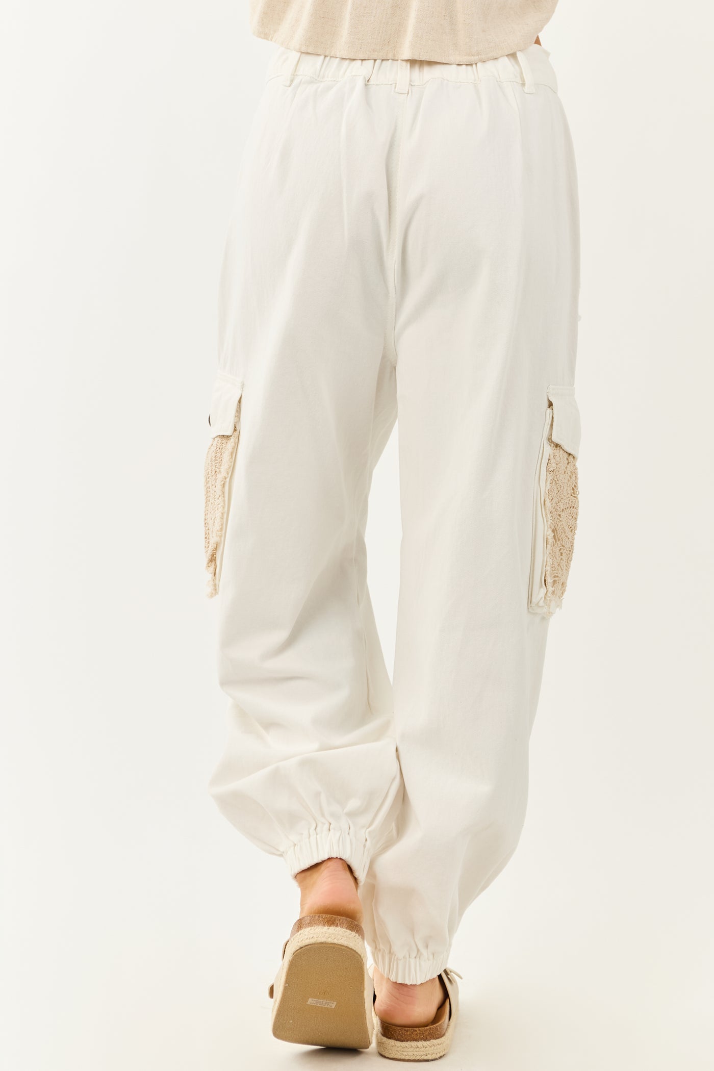 POL Off White Denim Patchwork Cargo Jogger Pants