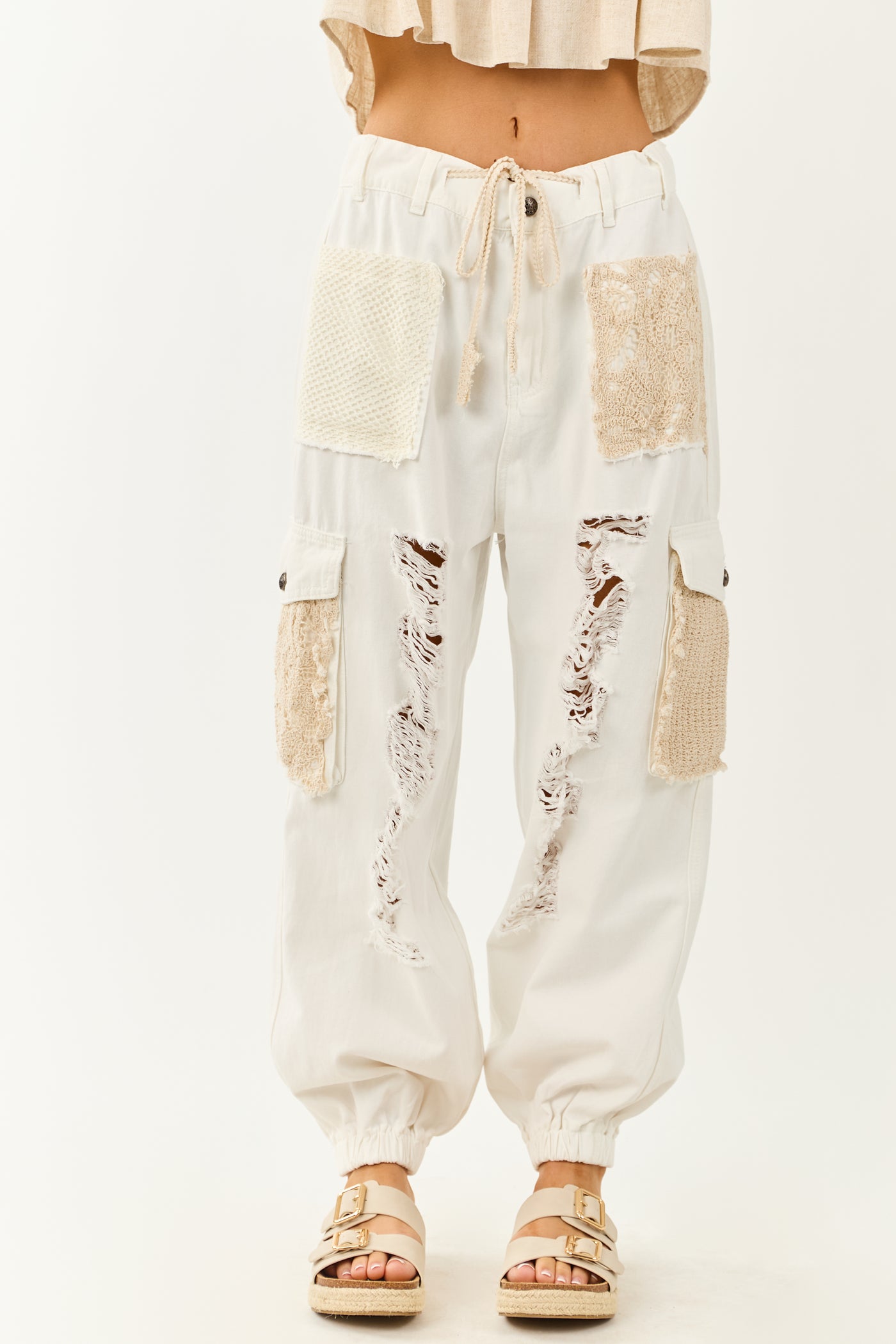 POL Off White Denim Patchwork Cargo Jogger Pants