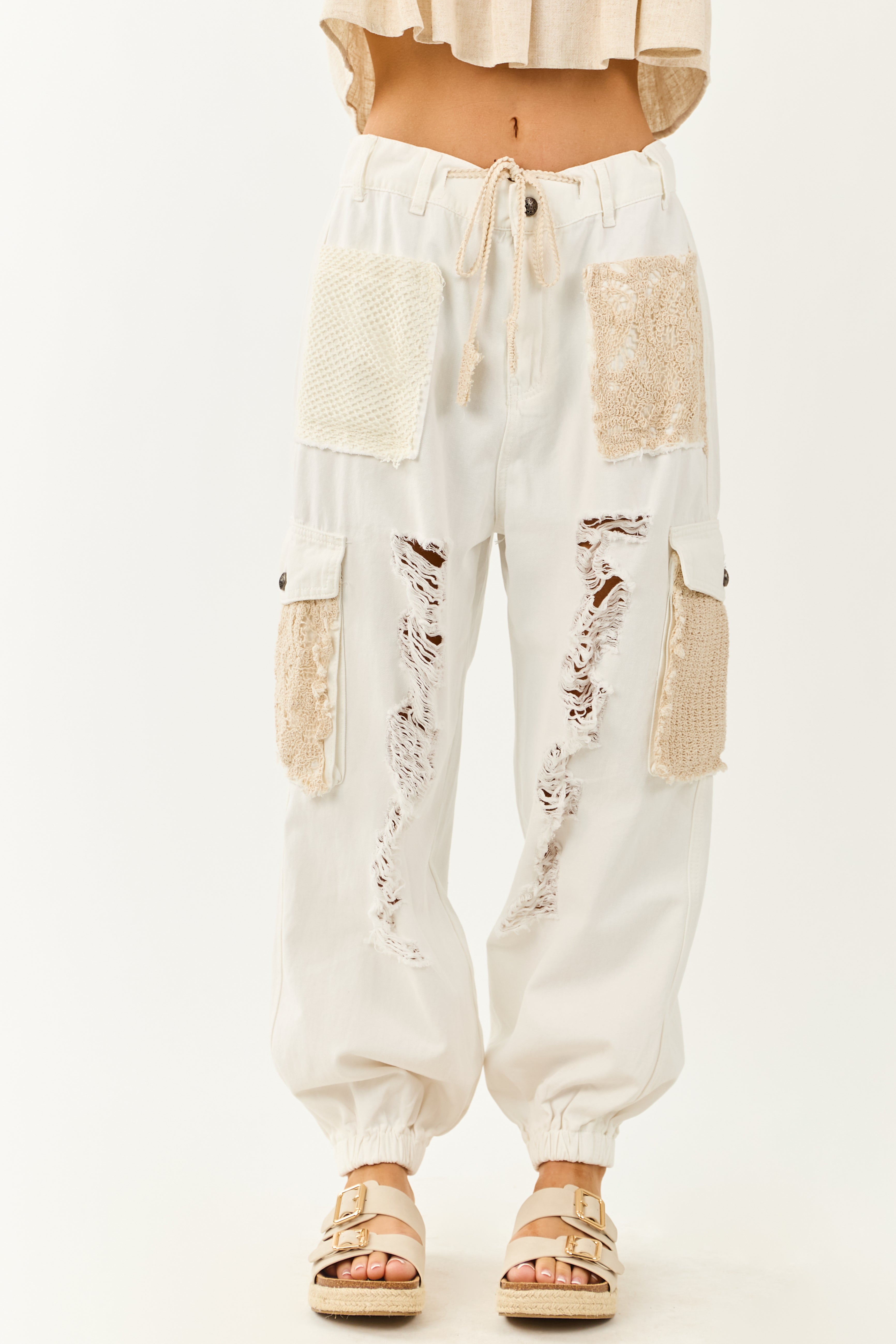 POL Off White Denim Patchwork Cargo Jogger Pants
