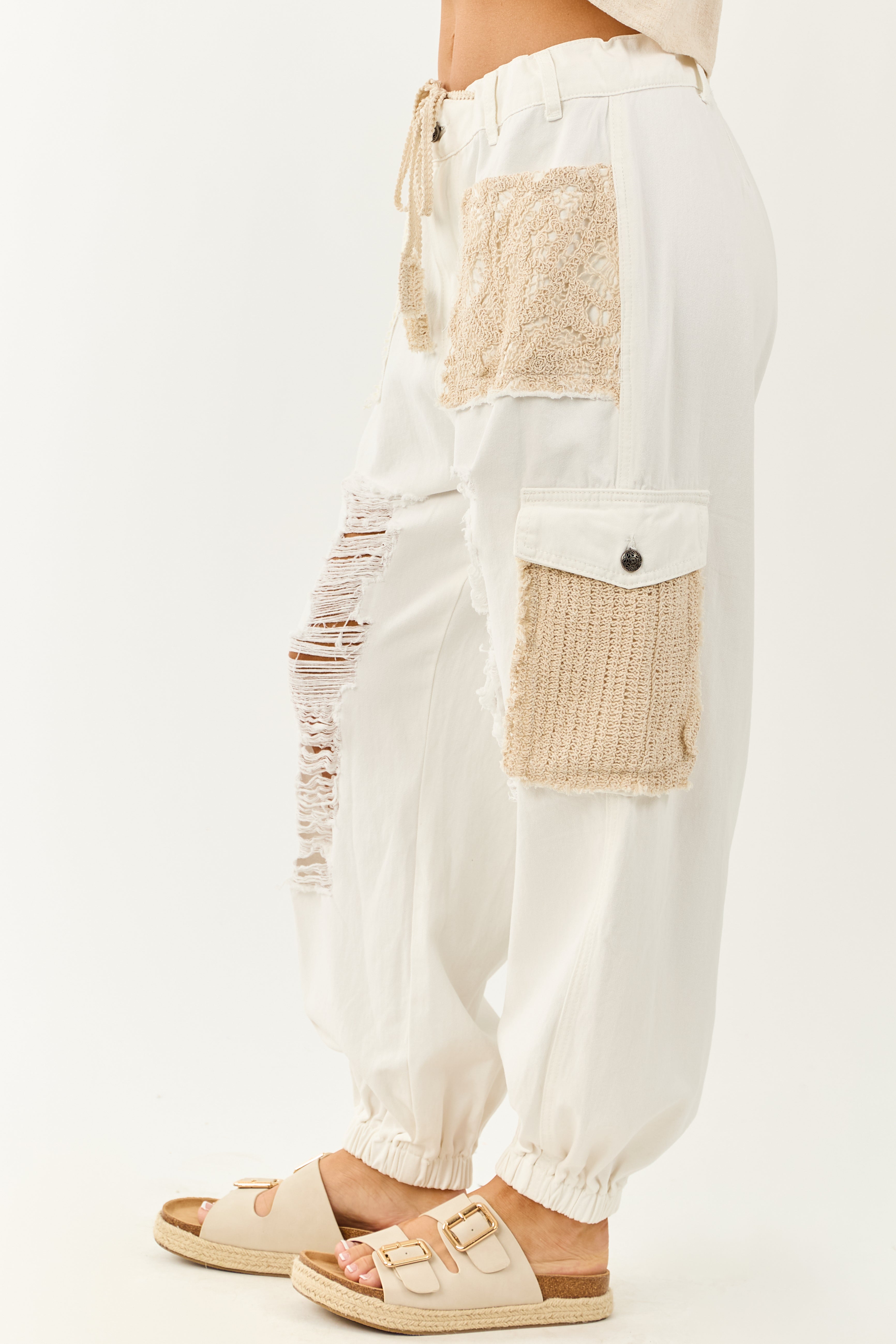 POL Off White Denim Patchwork Cargo Jogger Pants