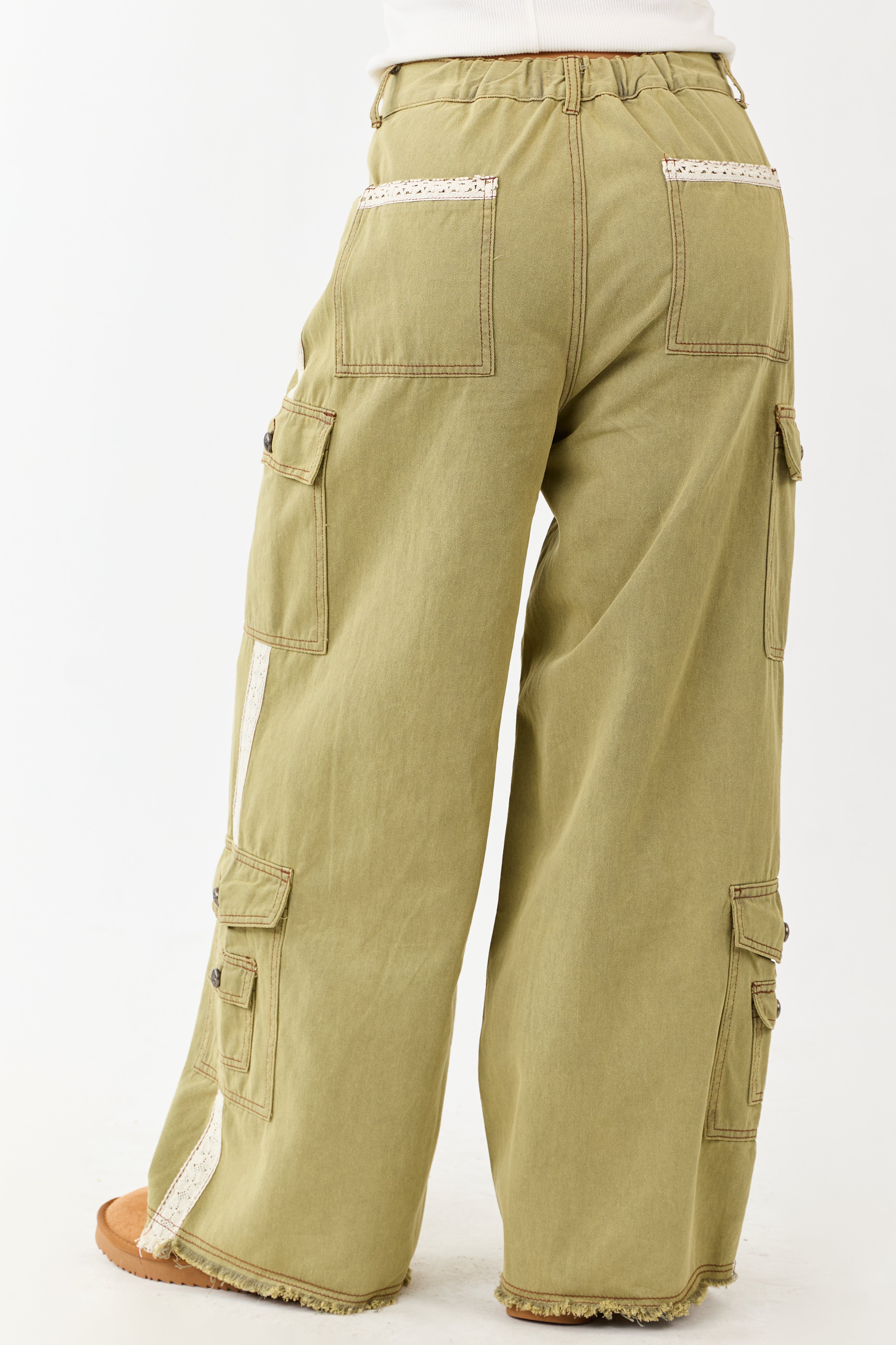 POL Olive Denim Patchwork Wide Leg Cargo Pants