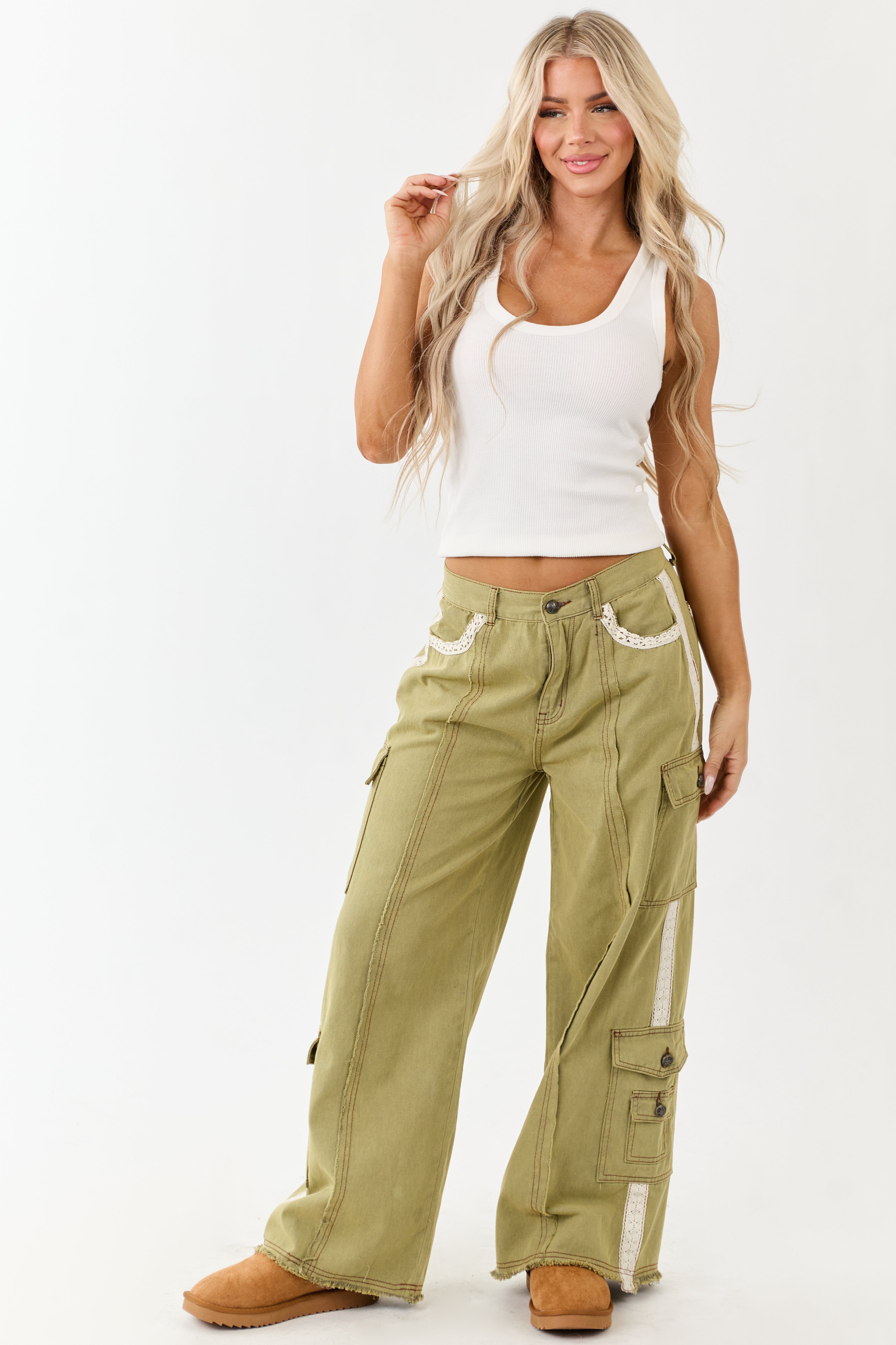 POL Olive Denim Patchwork Wide Leg Cargo Pants