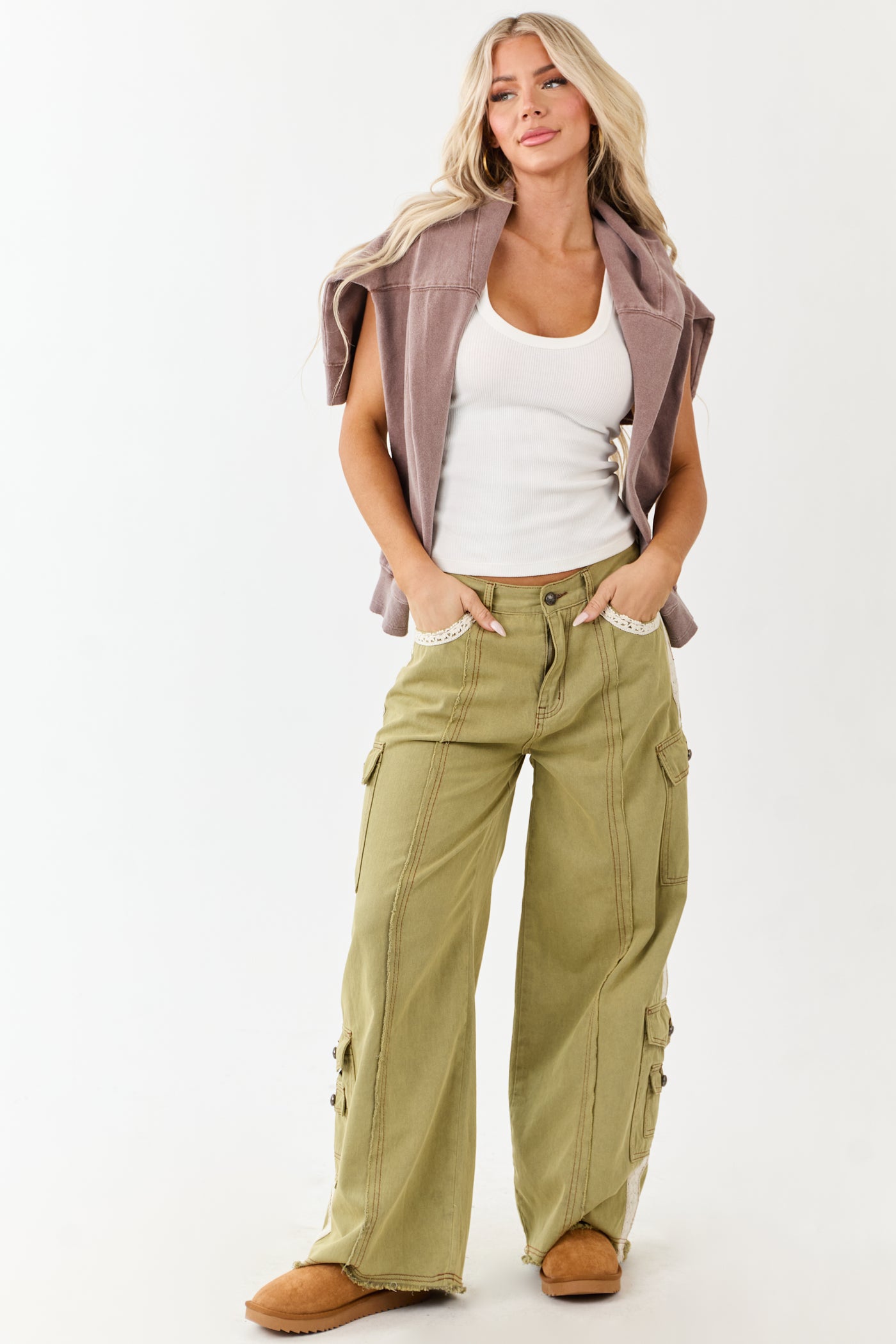 POL Olive Denim Patchwork Wide Leg Cargo Pants