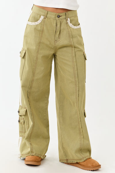 POL Olive Denim Patchwork Wide Leg Cargo Pants