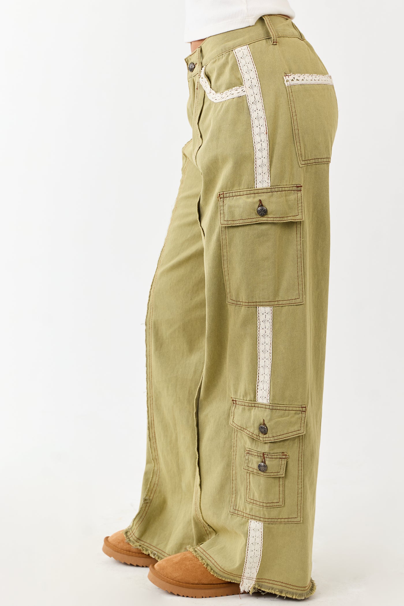 POL Olive Denim Patchwork Wide Leg Cargo Pants