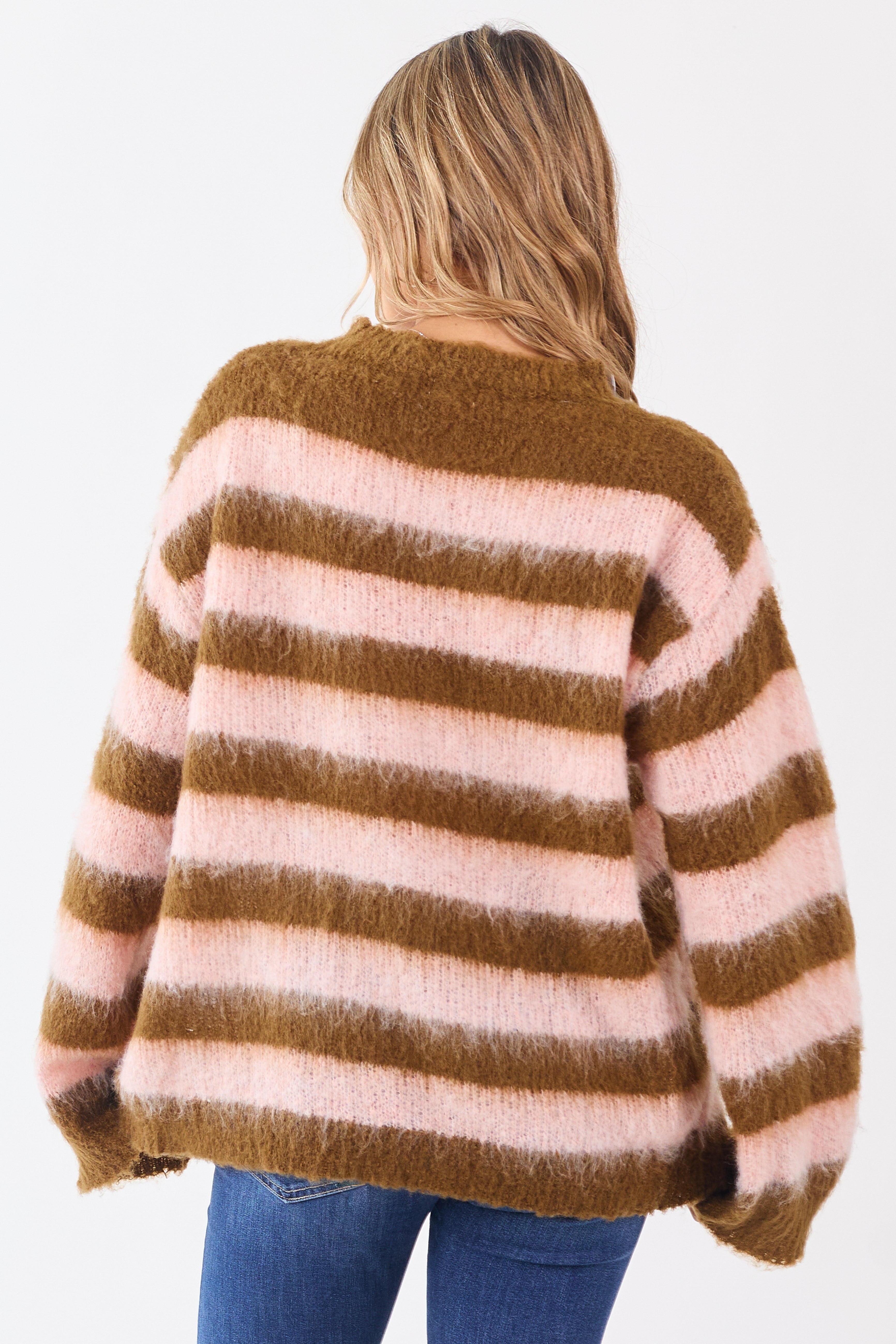 POL Peanut and Blush Striped Long Sleeve Sweater