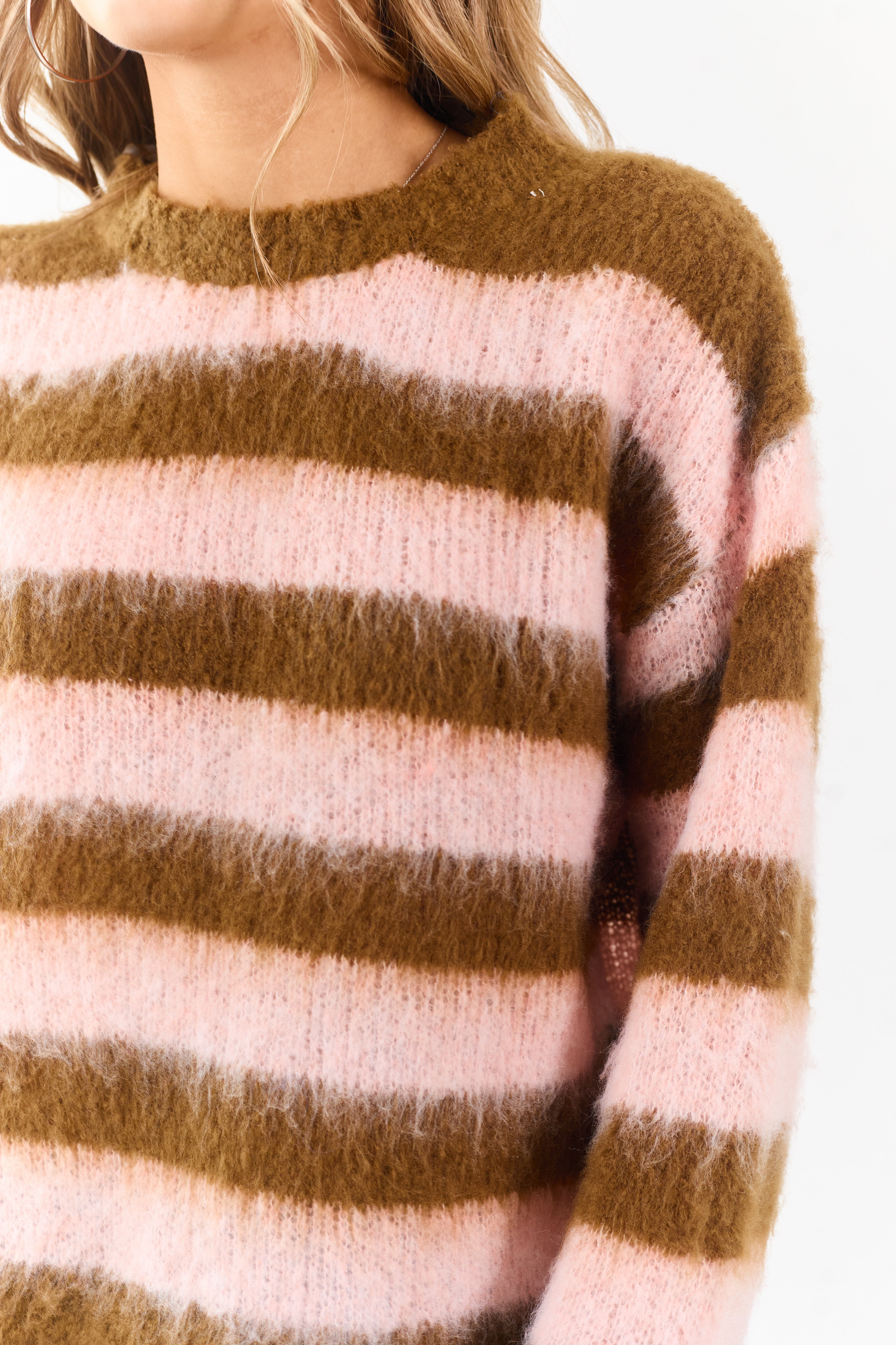 POL Peanut and Blush Striped Long Sleeve Sweater
