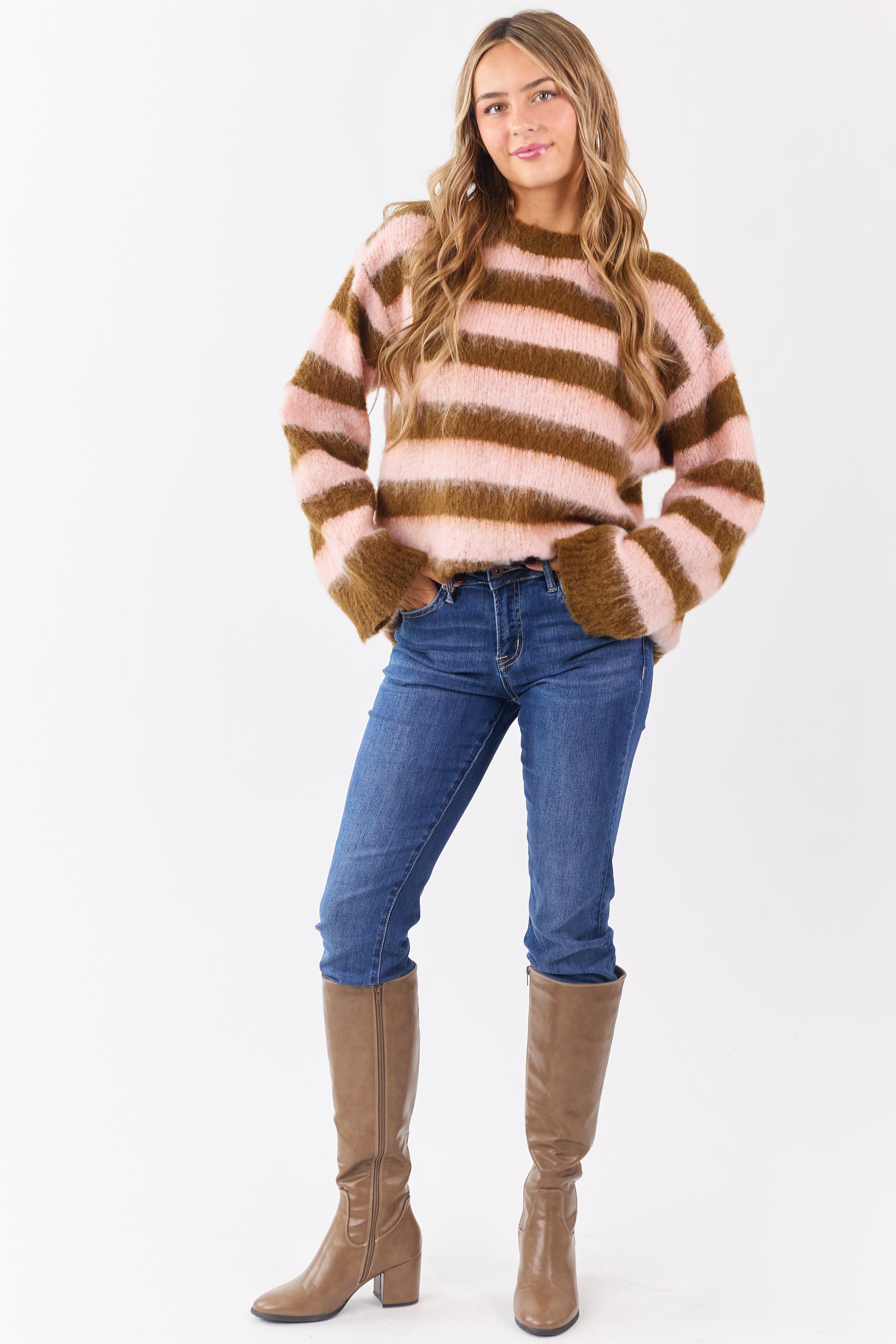POL Peanut and Blush Striped Long Sleeve Sweater