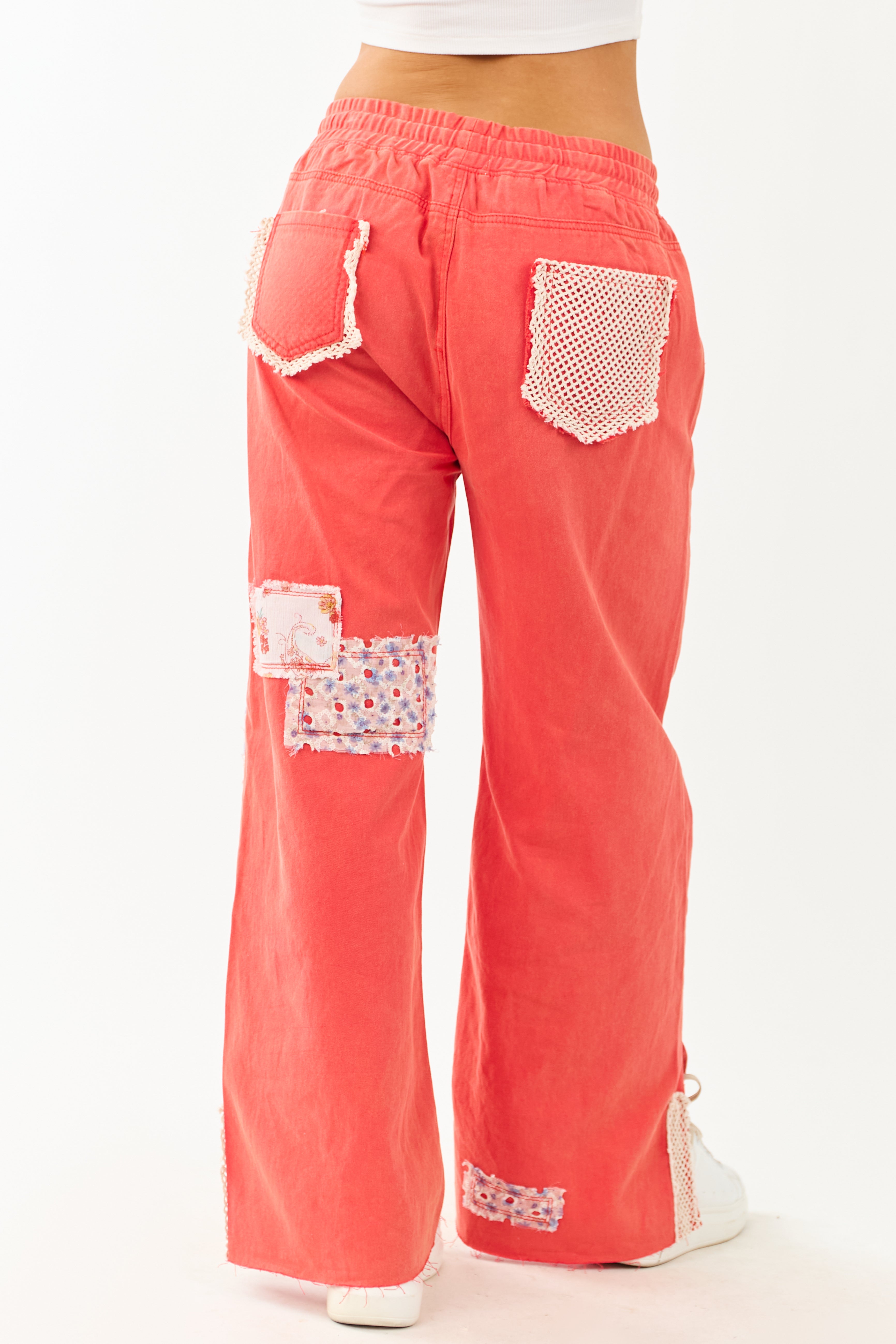 POL Poppy Red Denim Wide Leg Patchwork Pants