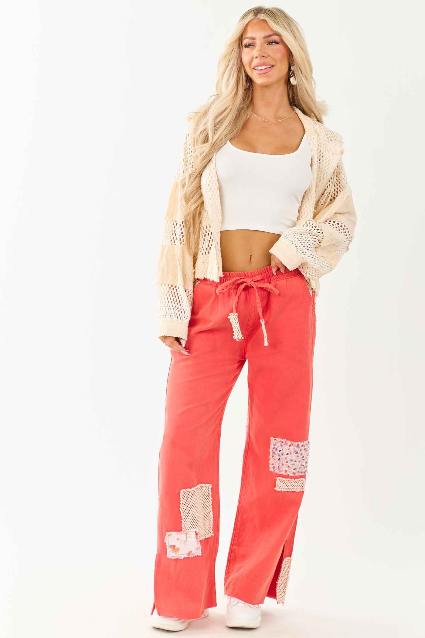 POL Poppy Red Denim Wide Leg Patchwork Pants