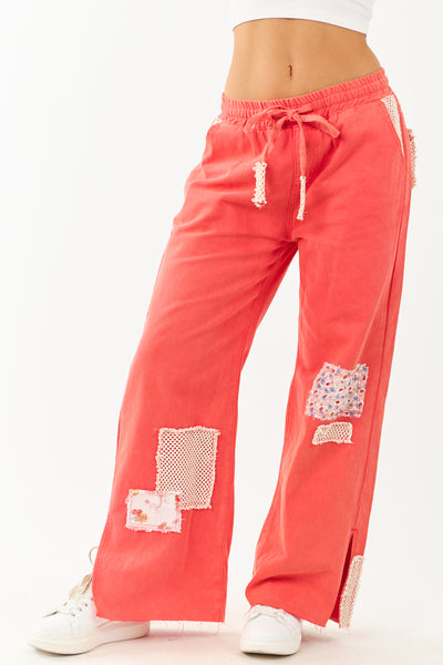 POL Poppy Red Denim Wide Leg Patchwork Pants