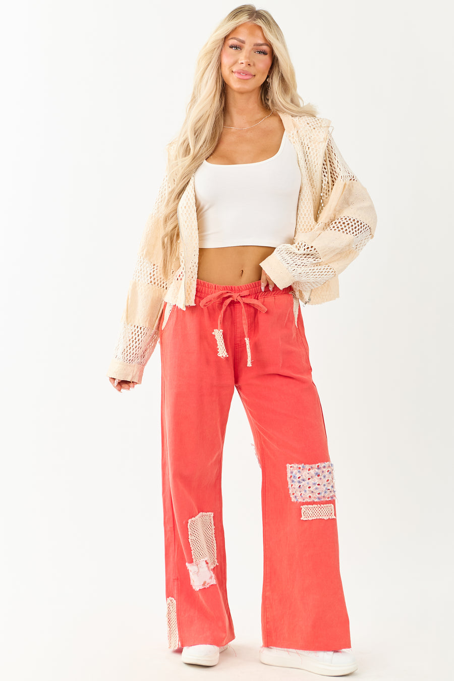 POL Poppy Red Denim Wide Leg Patchwork Pants