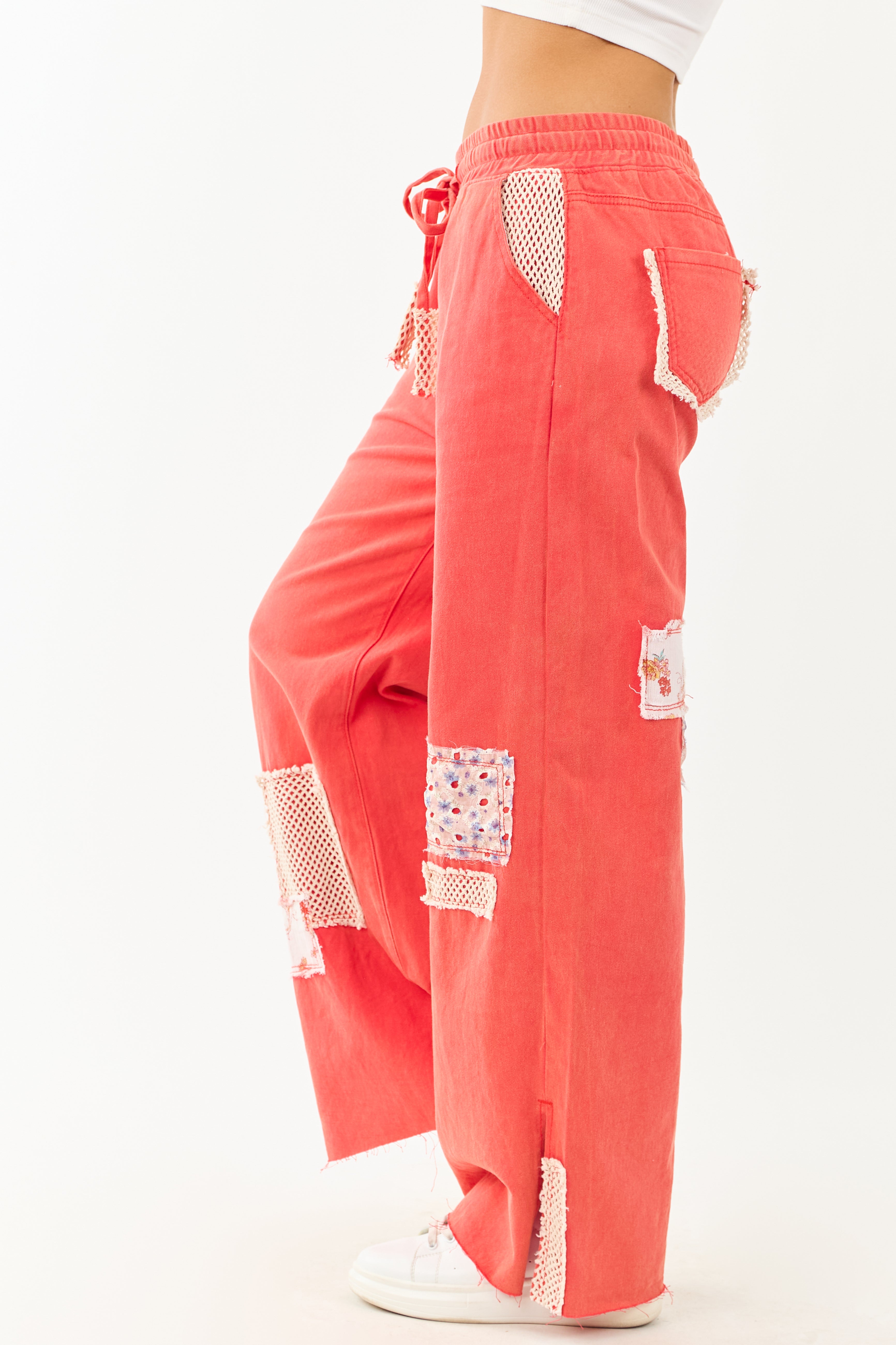 POL Poppy Red Denim Wide Leg Patchwork Pants