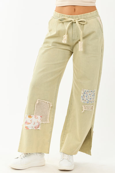 POL Sage Denim Wide Leg Patchwork Pants