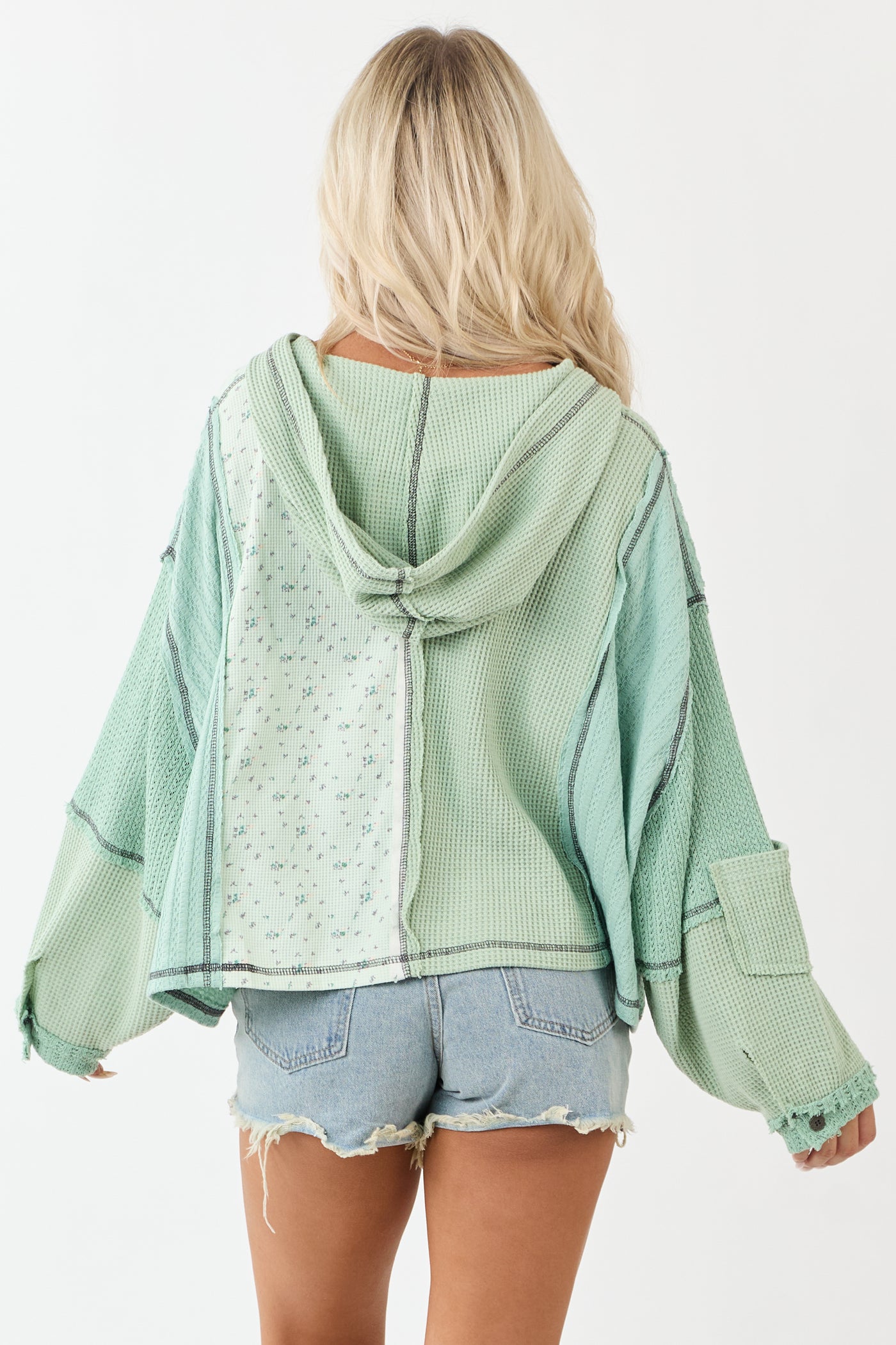 POL Sage Patchwork Long Sleeve Cotton Hooded Top