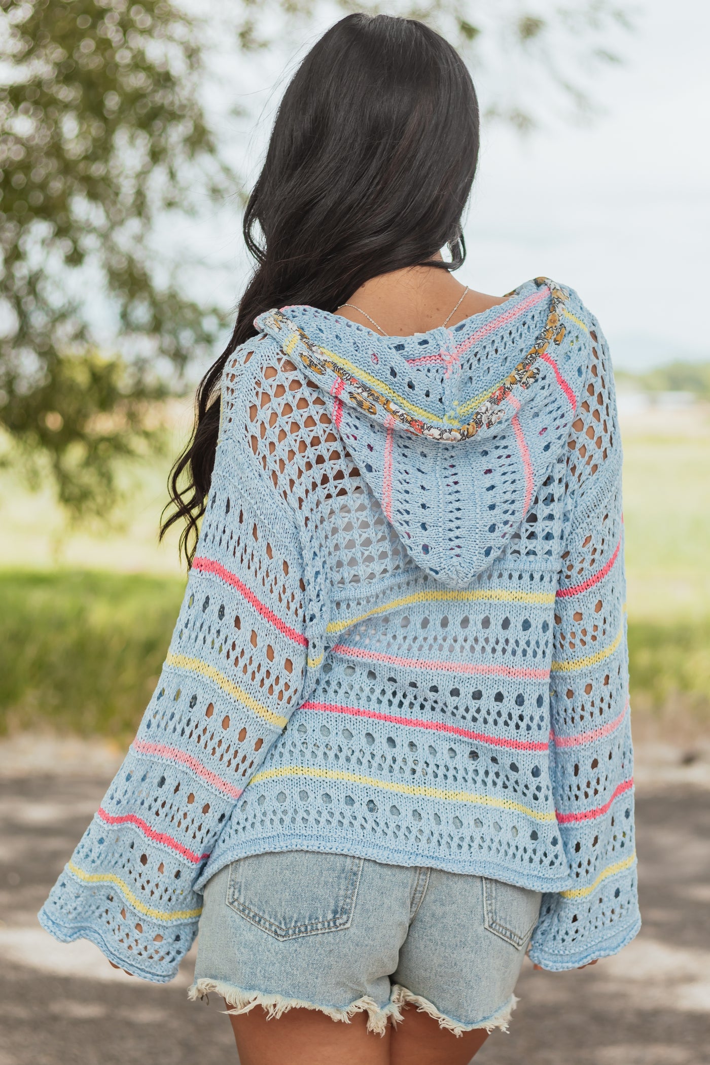 POL Sky Blue Crochet Star Long Sleeve Hooded Top