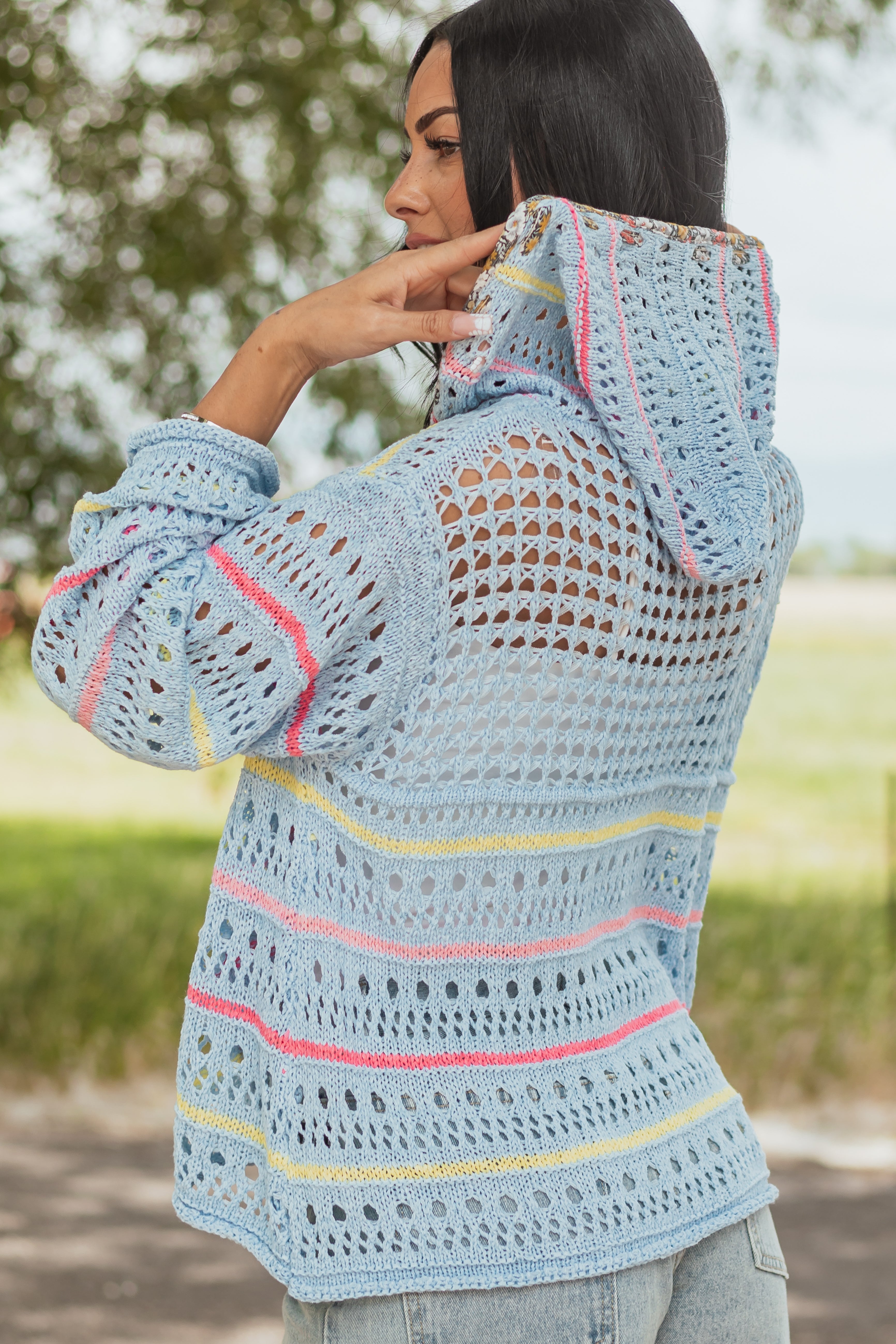 POL Sky Blue Crochet Star Long Sleeve Hooded Top