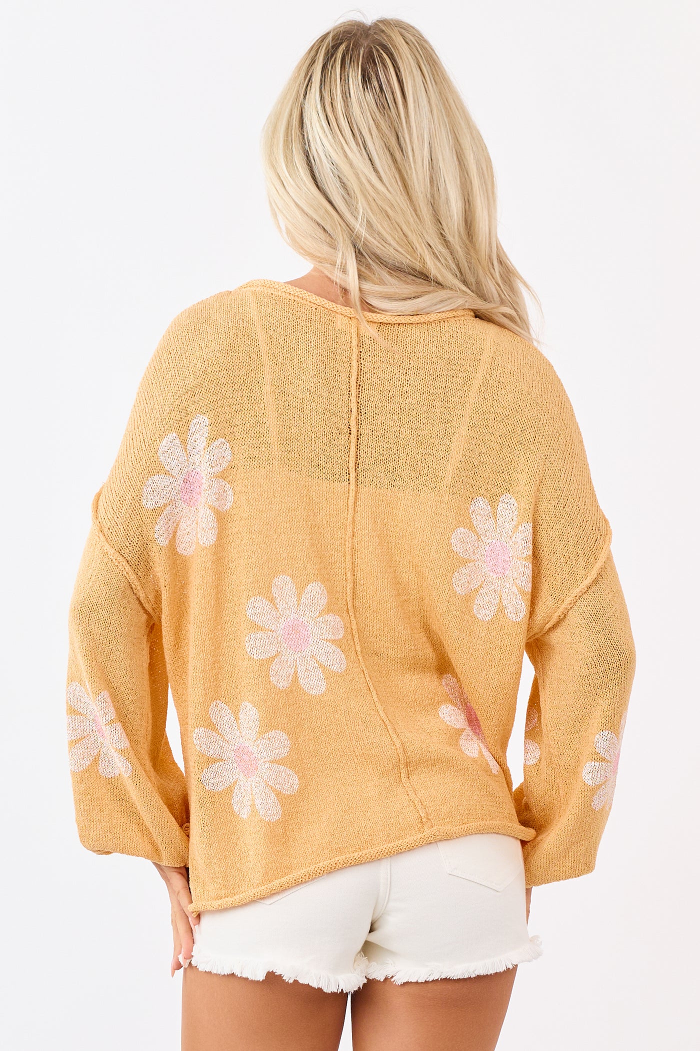 POL Tangerine Daisy Print Open Knit Relaxed Sweater