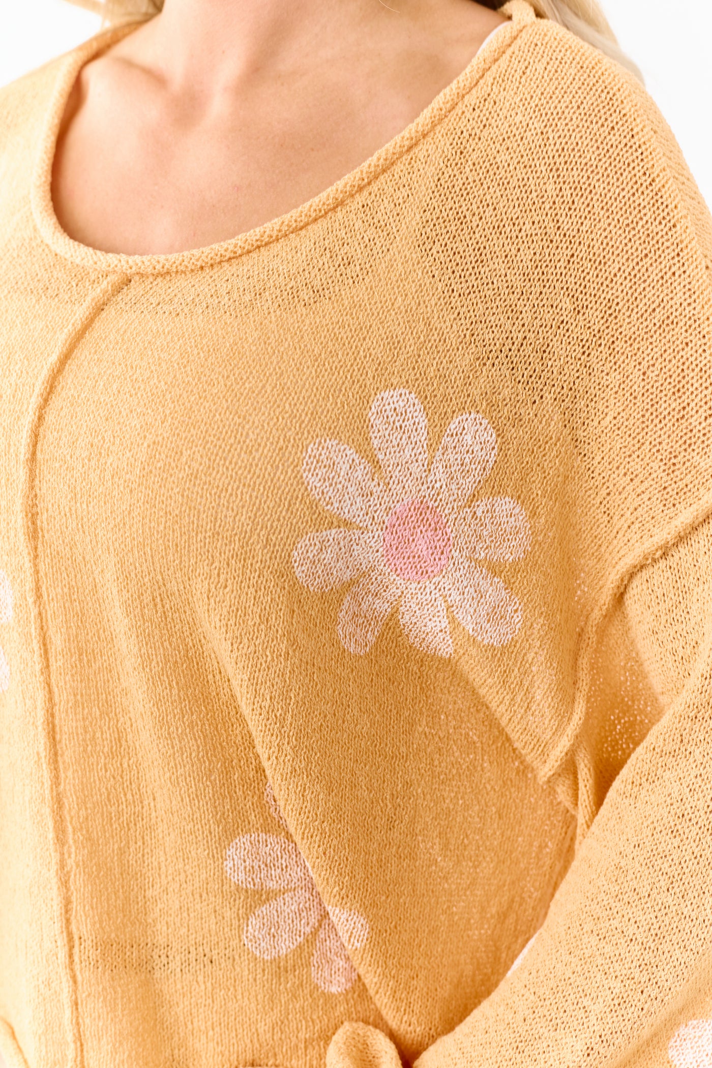 POL Tangerine Daisy Print Open Knit Relaxed Sweater
