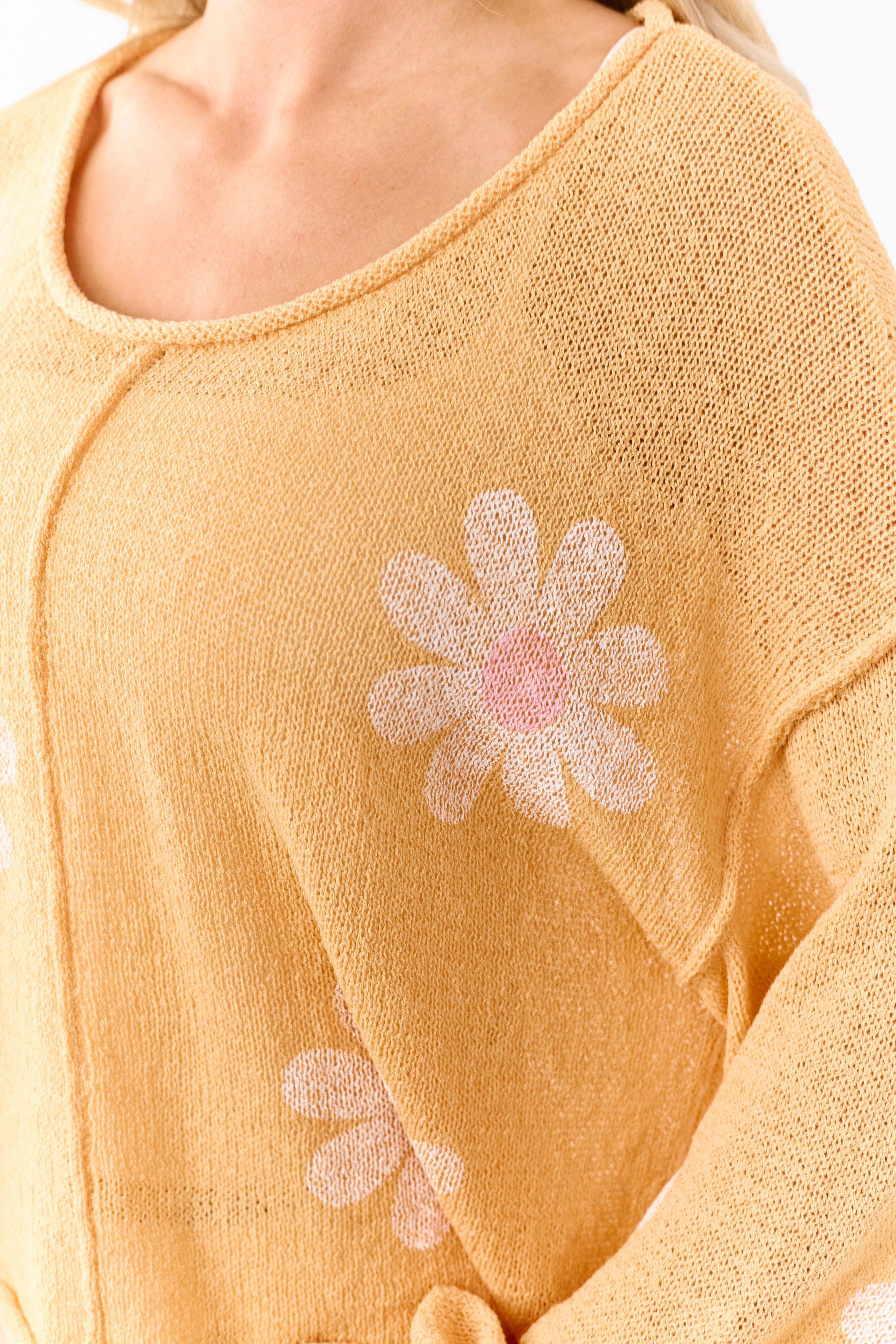 POL Tangerine Daisy Print Open Knit Relaxed Sweater