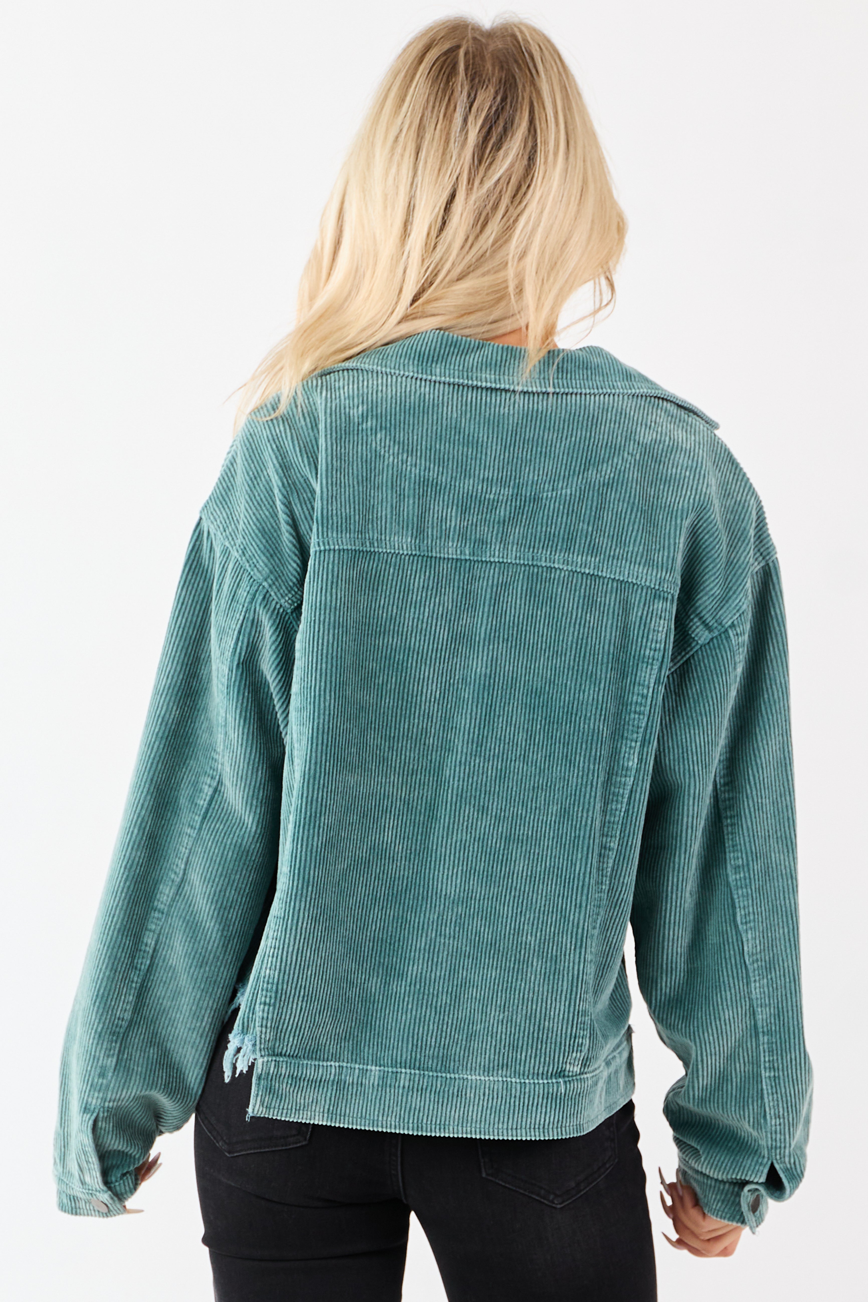 POL Teal Distressed Button Up Corduroy Jacket