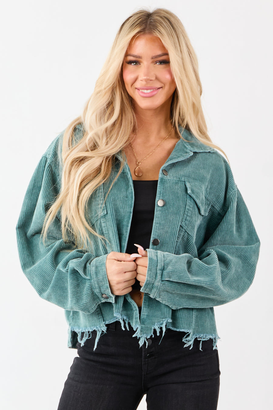 POL Teal Distressed Button Up Corduroy Jacket