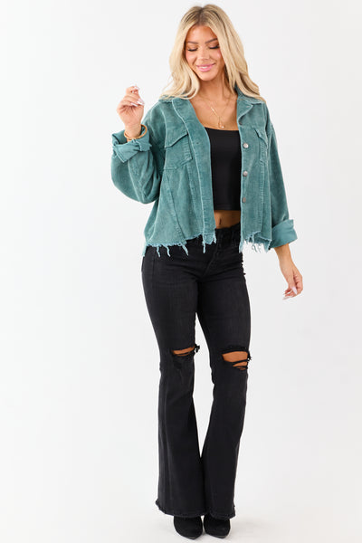 POL Teal Distressed Button Up Corduroy Jacket
