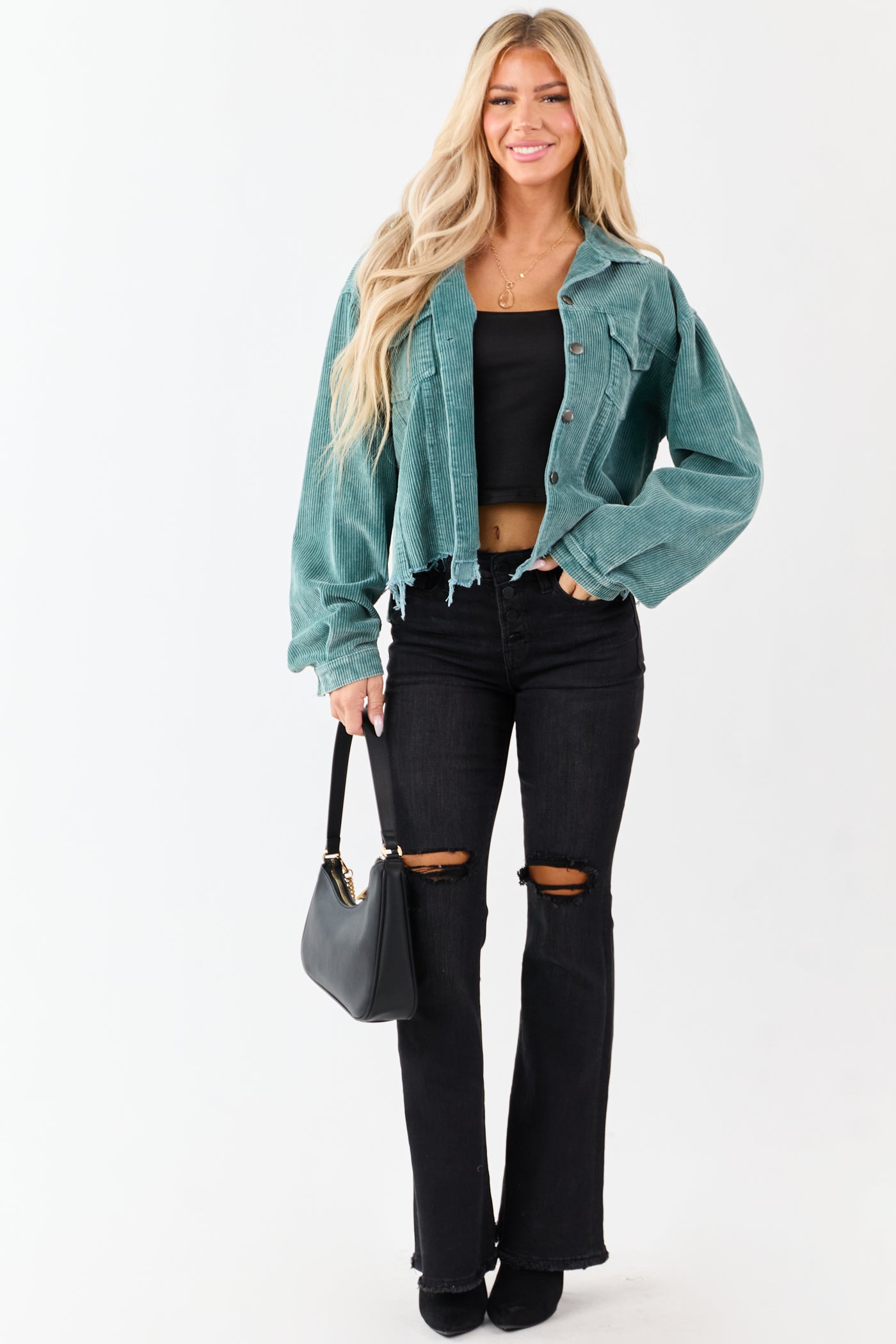 POL Teal Distressed Button Up Corduroy Jacket