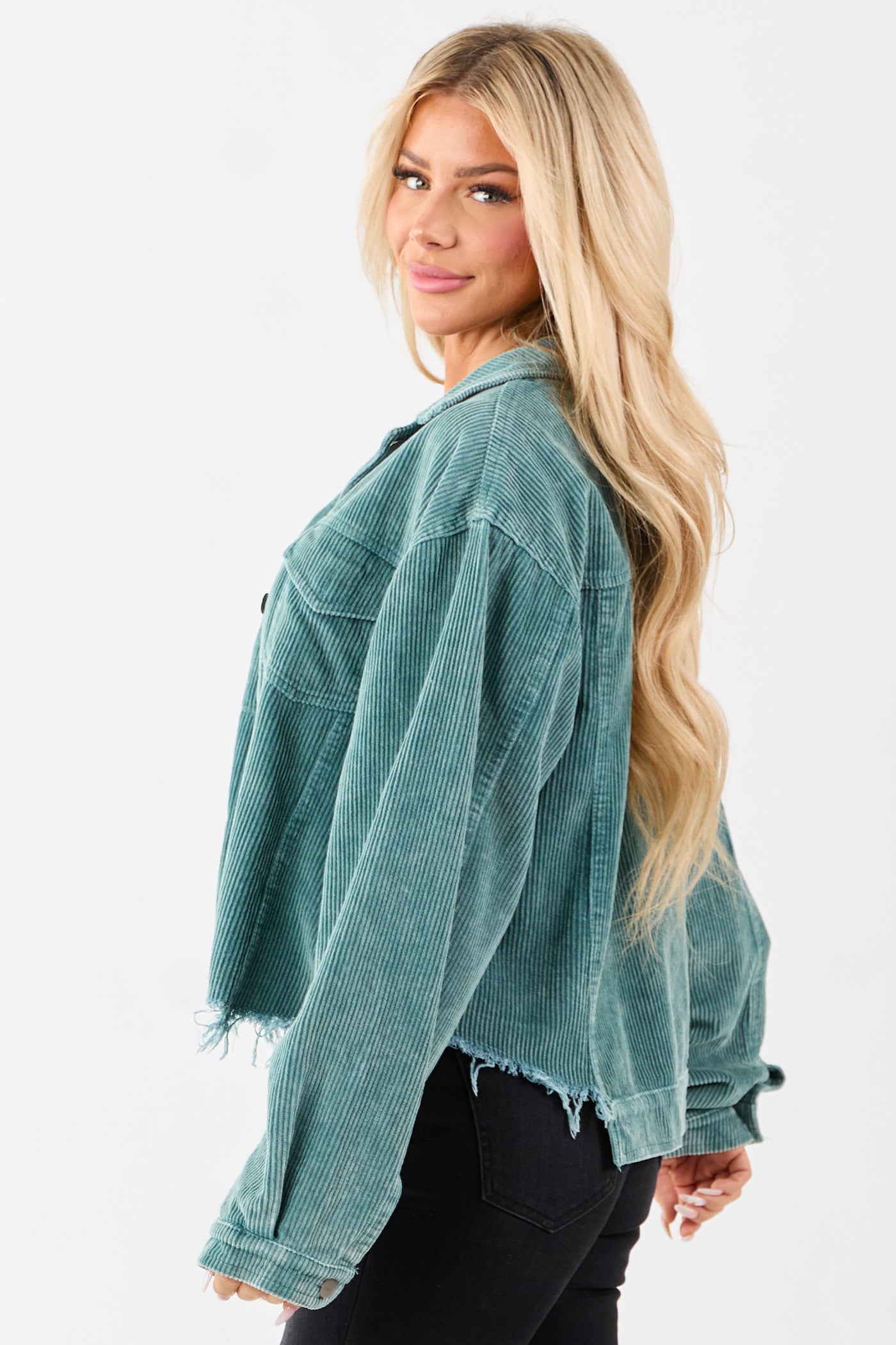 POL Teal Distressed Button Up Corduroy Jacket