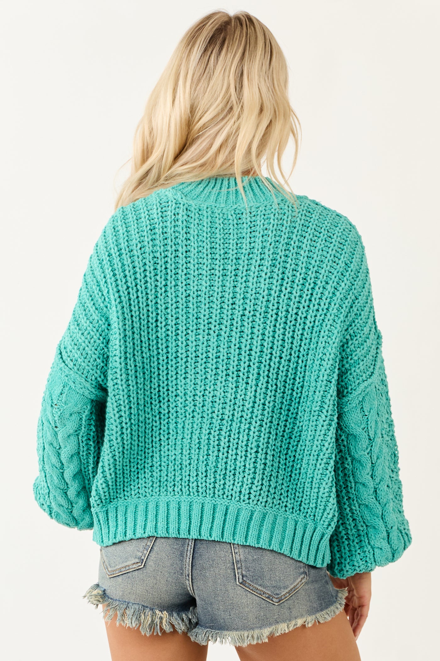 POL Teal Mock Neck Bubble Sleeve Cable Knit Sweater