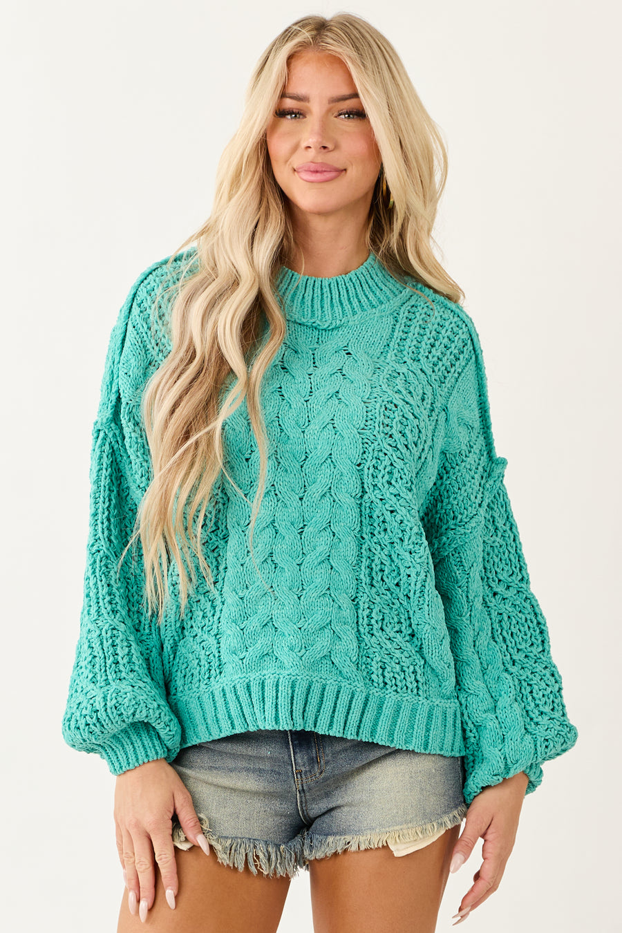 POL Teal Mock Neck Bubble Sleeve Cable Knit Sweater