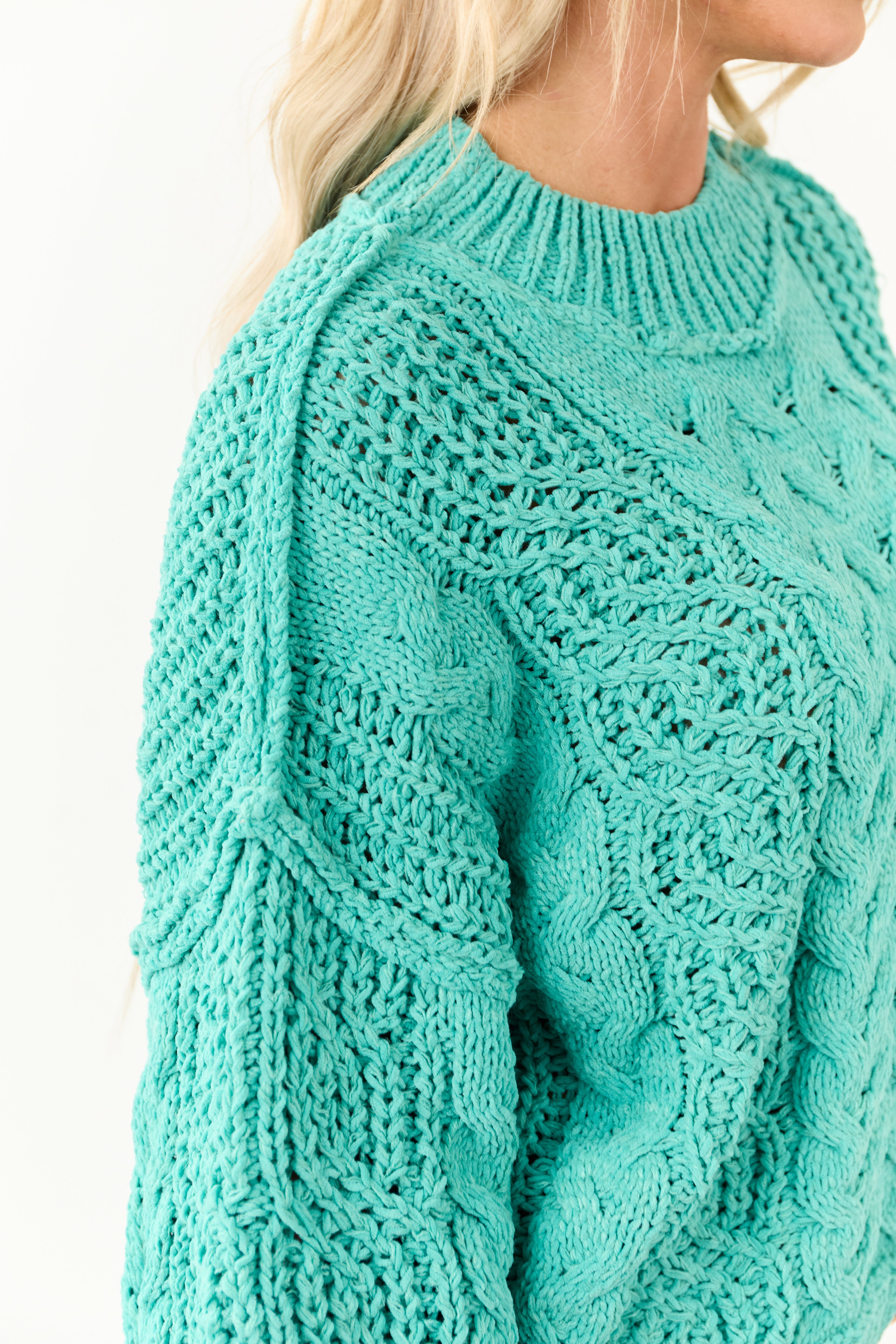 POL Teal Mock Neck Bubble Sleeve Cable Knit Sweater