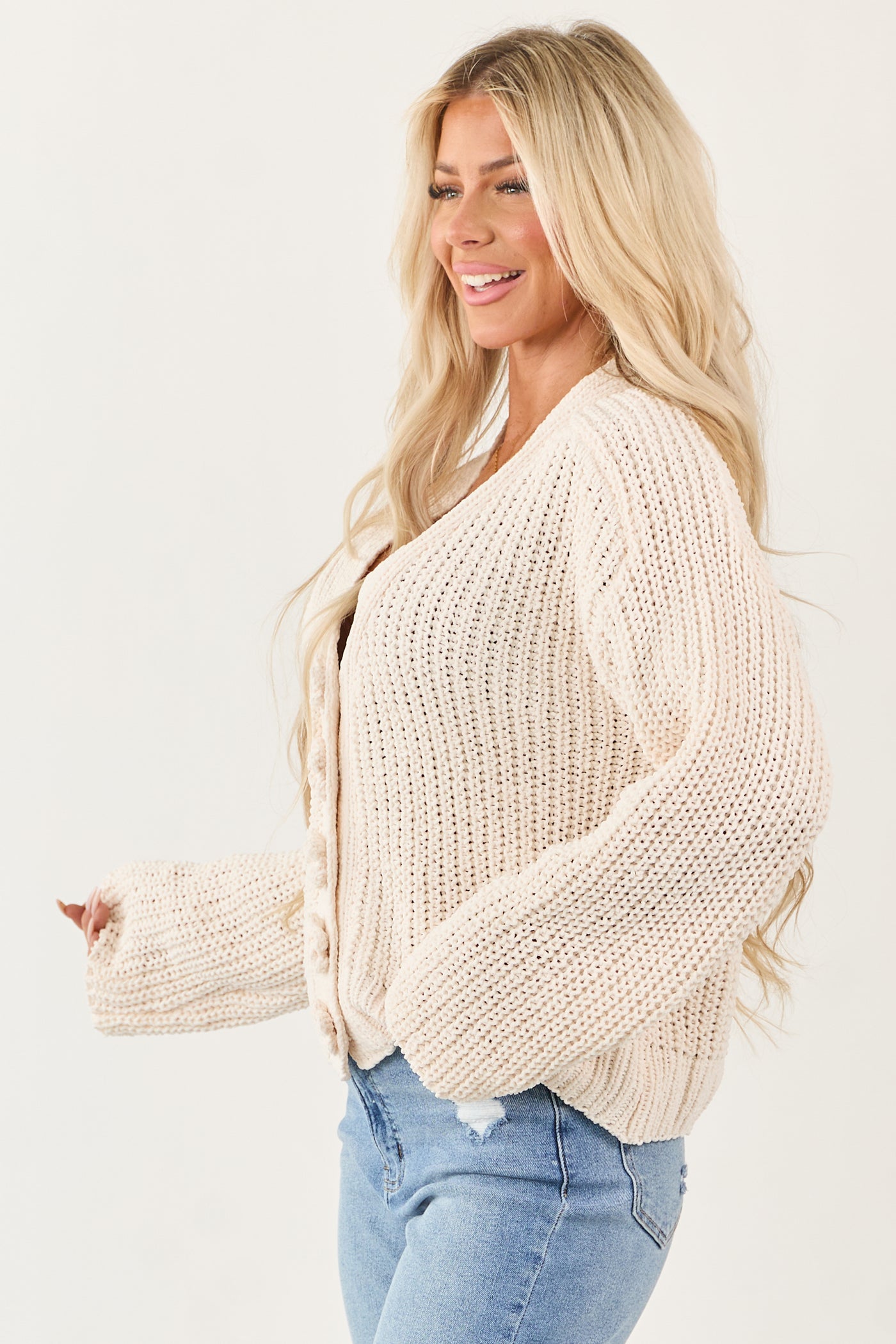POL Vanilla Knit Flower Button Down Sweater Cardigan