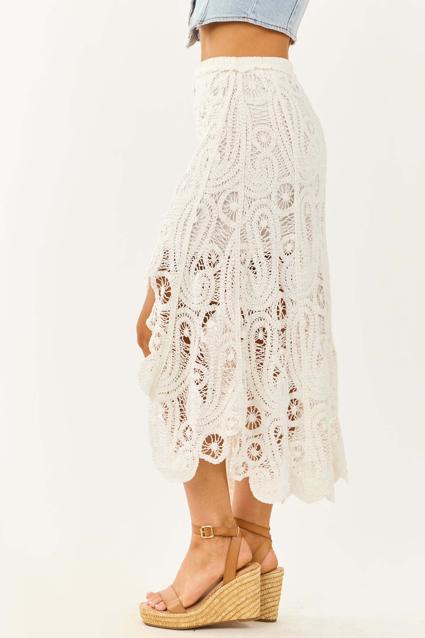 POL White Open Crochet High Low Hem Cotton Maxi Skirt