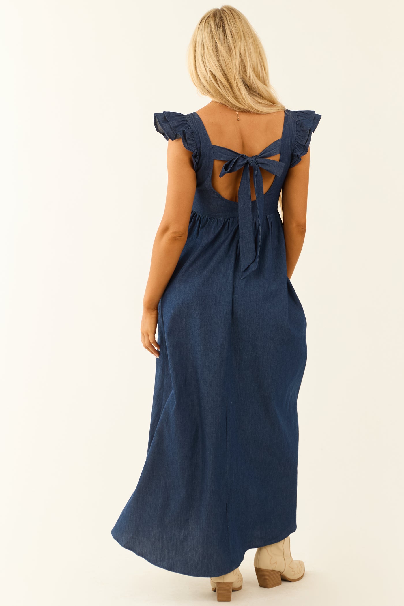 Chambray Ruffle Sleeve Babydoll Midi Dress | Lime Lush Boutique Chambray Ruffle Sleeve Babydoll Midi Dress | Lime Lush Boutique
