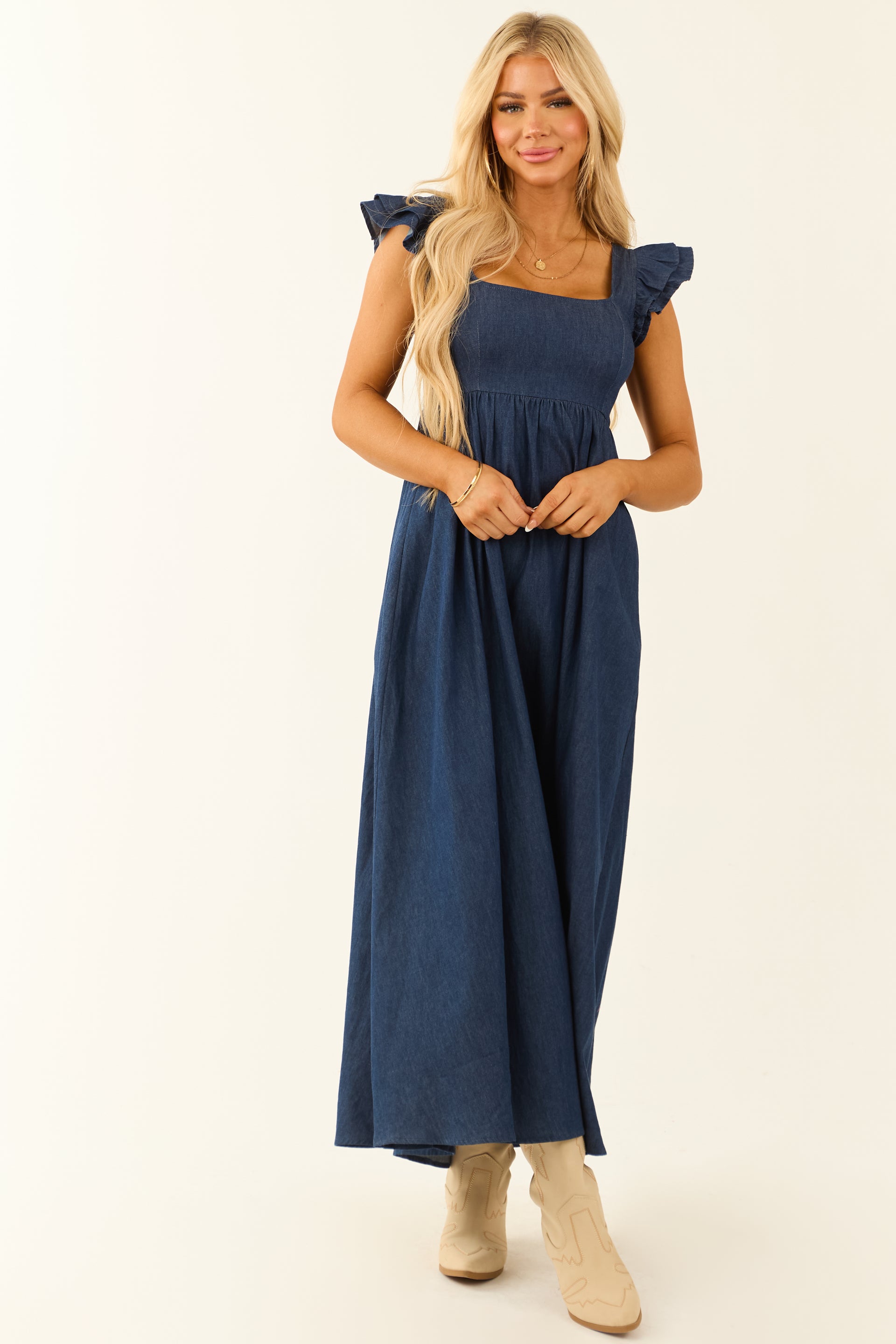 Chambray Ruffle Sleeve Babydoll Midi Dress | Lime Lush Boutique Chambray Ruffle Sleeve Babydoll Midi Dress | Lime Lush Boutique