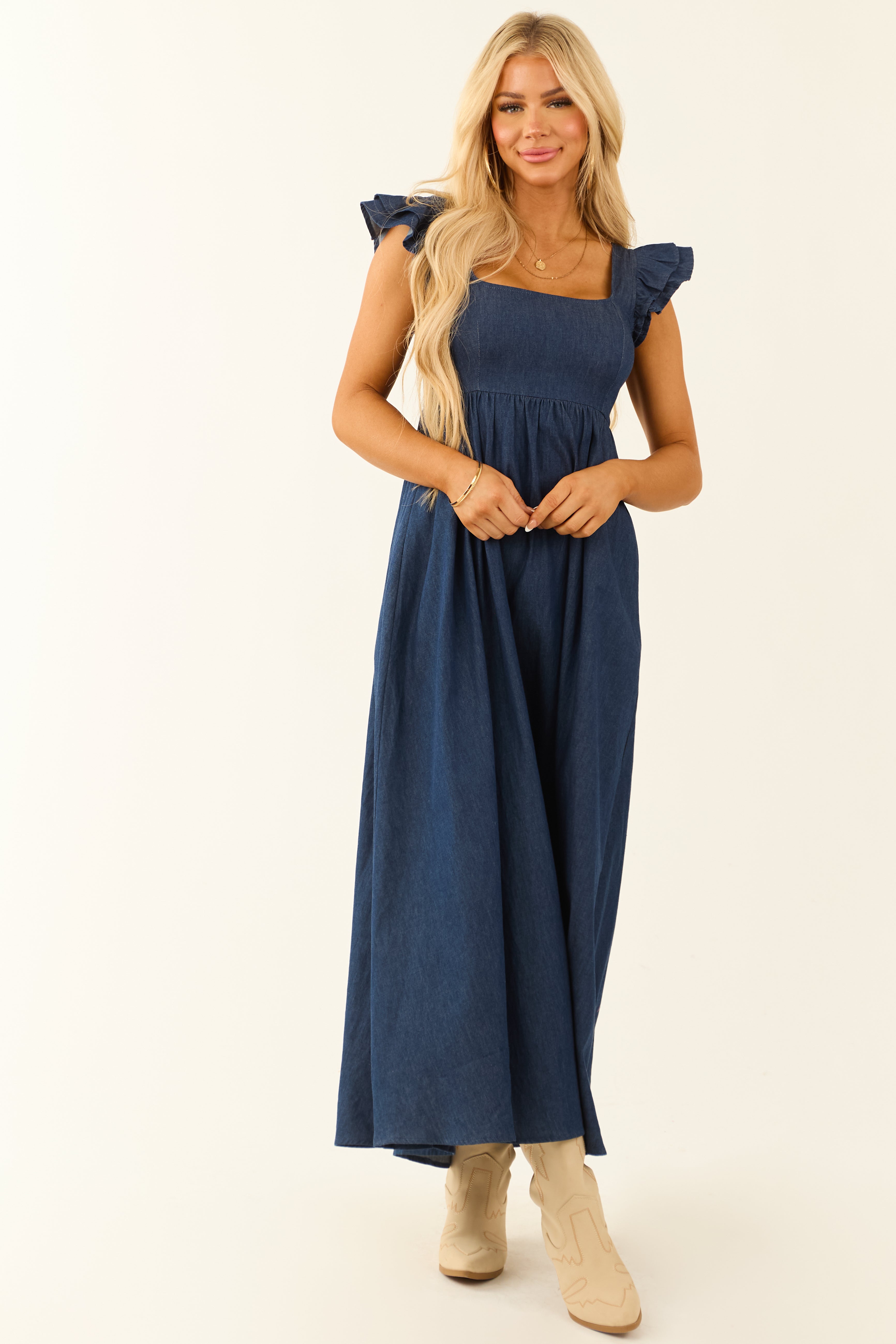 Chambray Ruffle Sleeve Babydoll Midi Dress | Lime Lush Boutique Chambray Ruffle Sleeve Babydoll Midi Dress | Lime Lush Boutique
